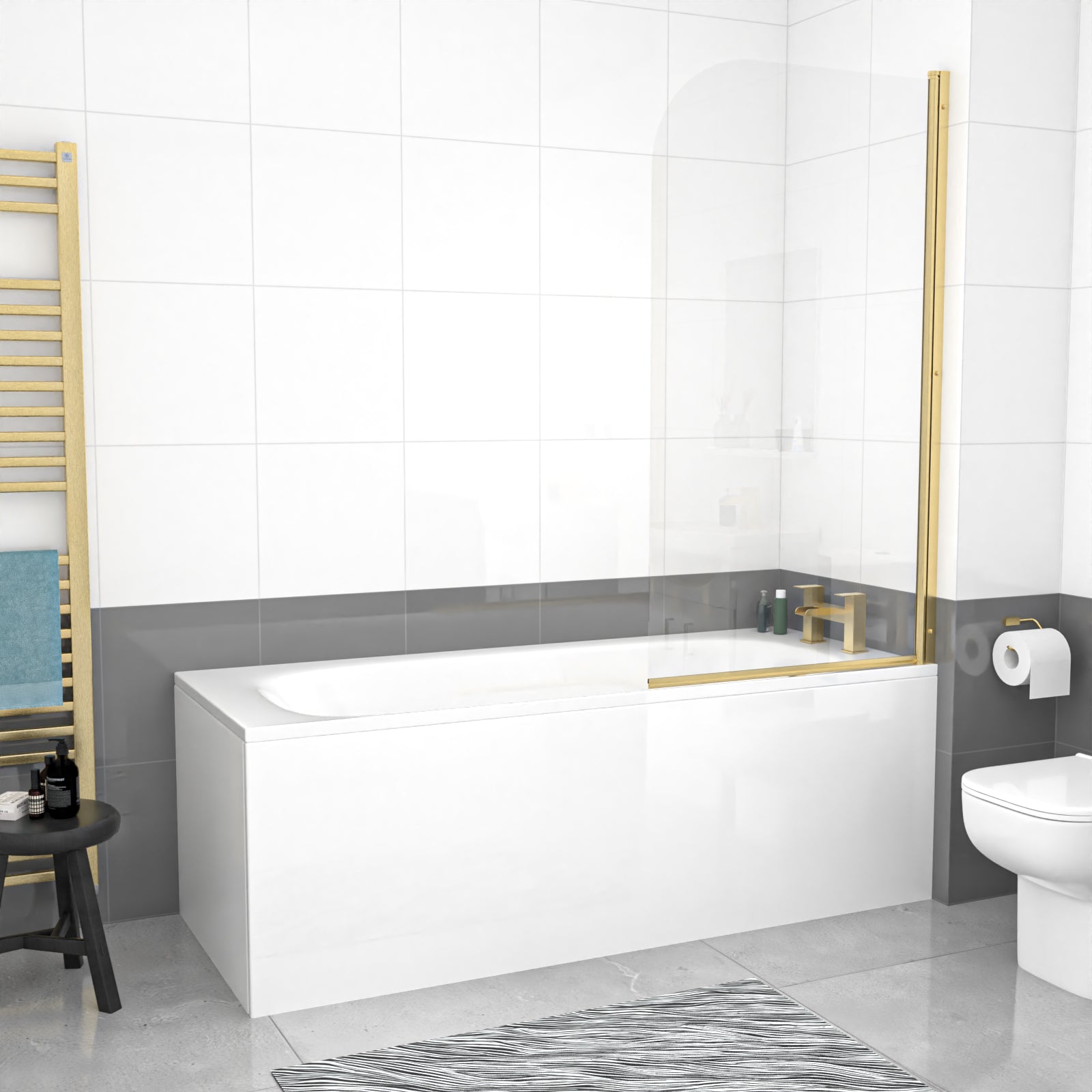 1700mm Round Bath with Legs and Brushed Brass Frame Curved Bath Screen