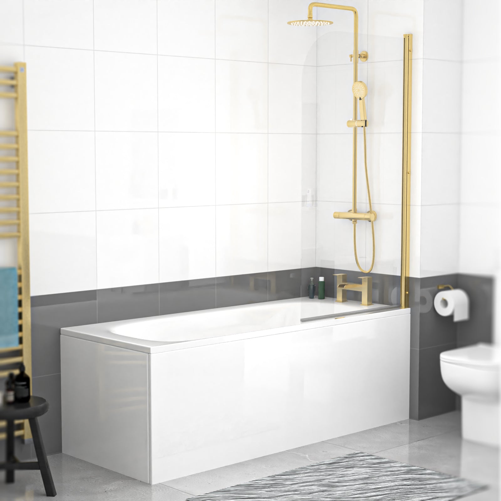 1700 x 700mm Round Bath with Legs and Brushed Brass Frame Curved Bath Screen