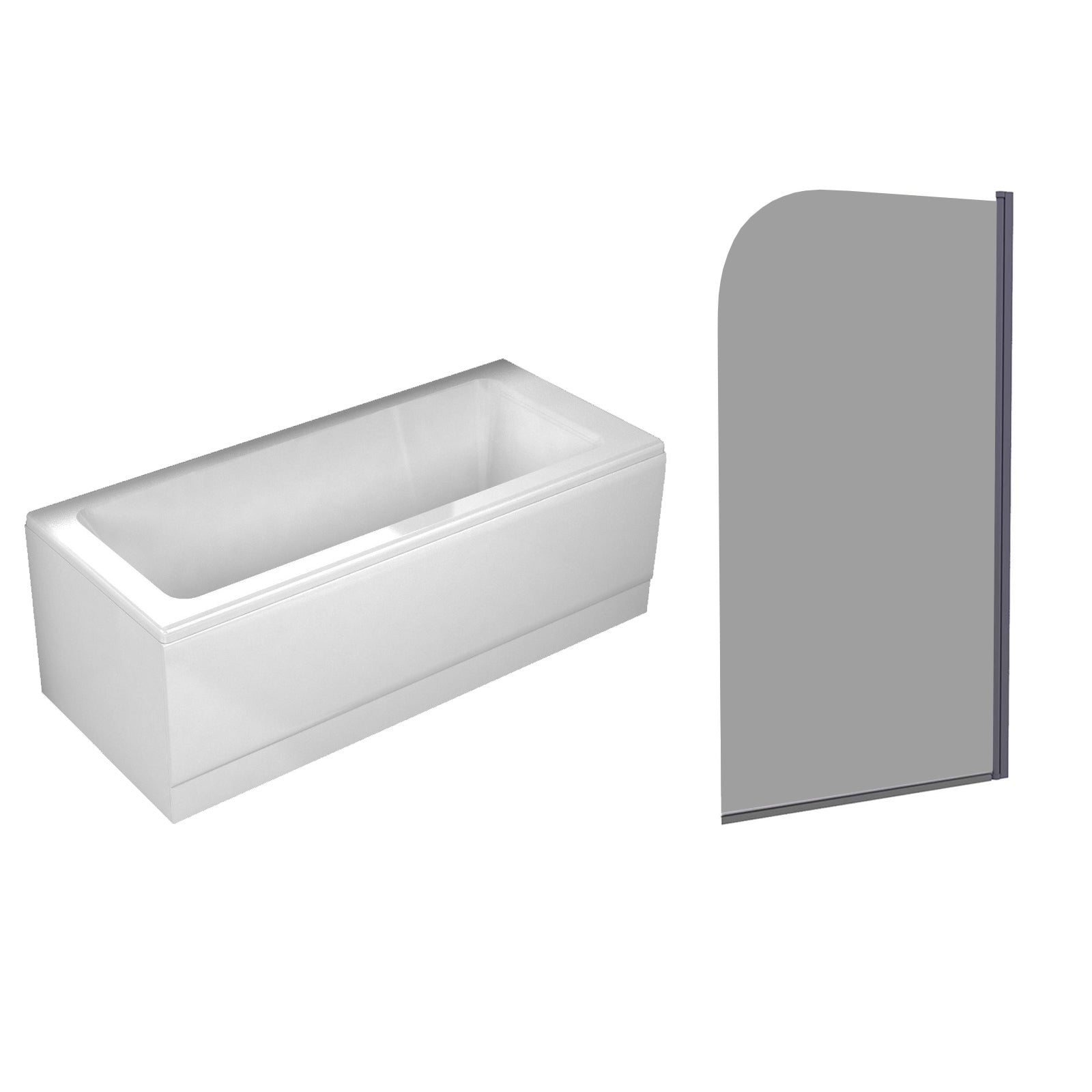 1700mm Square Bath with Curved Black Frame Dark Grey Bath Screen