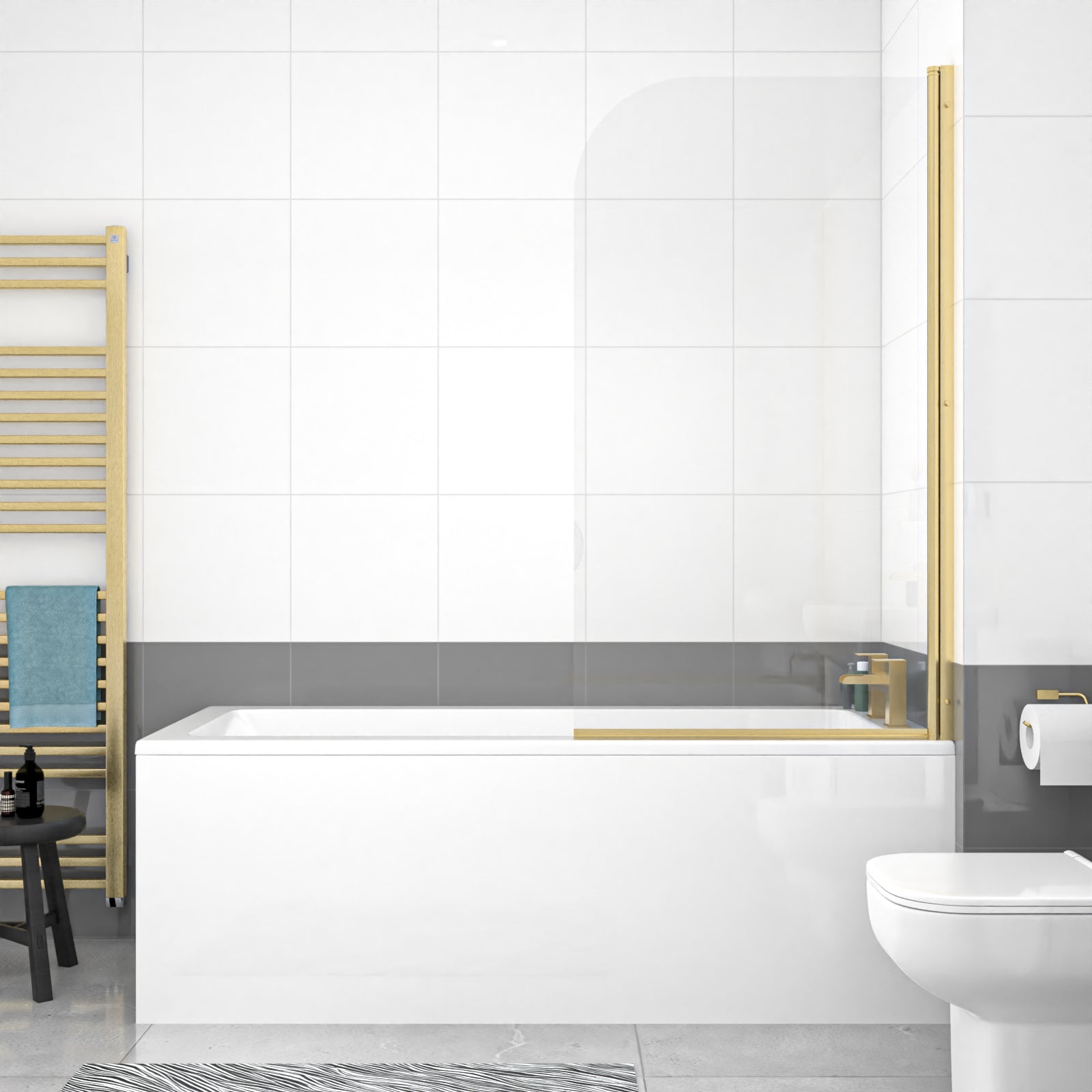 1700mm Square Bath with Legs and Brushed Brass Frame Curved Bath Screen