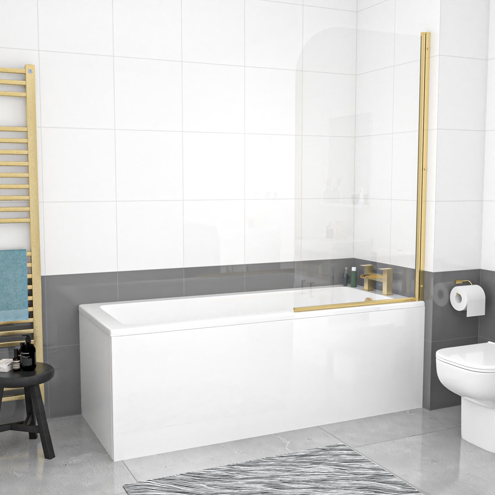 1700mm Square Bath with Legs and Brushed Brass Frame Curved Bath Screen