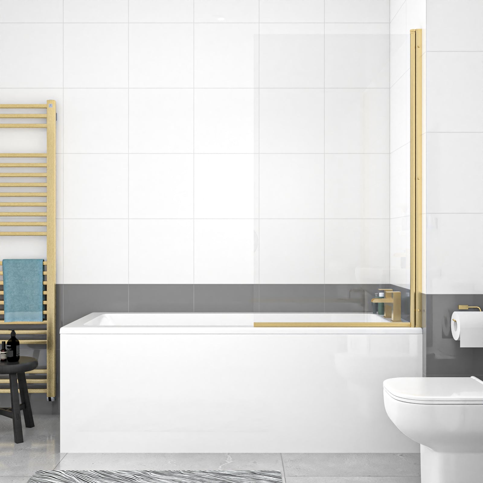 1700mm Square Bath with Legs and Brushed Brass Frame Square Bath Screen