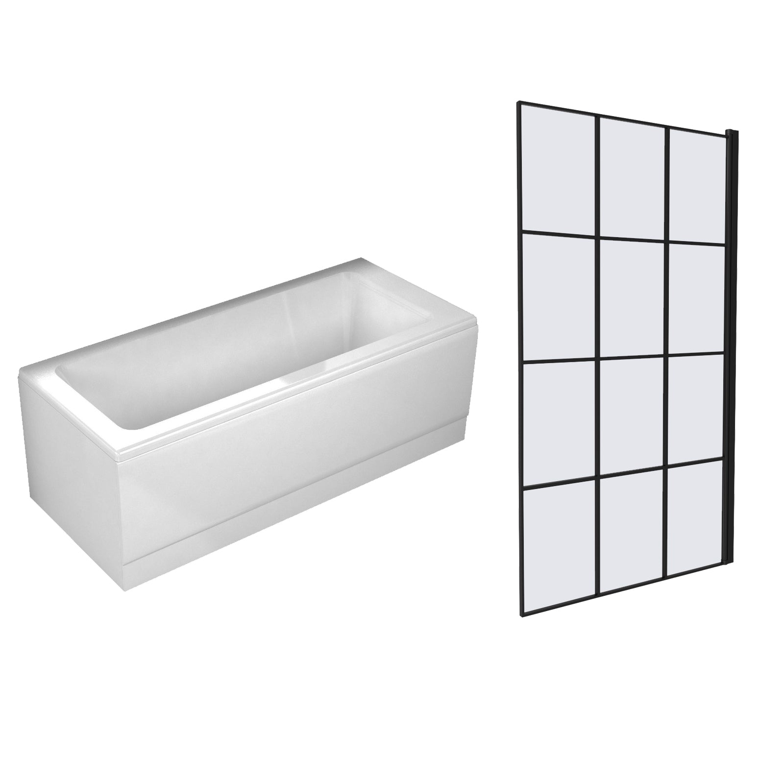 1700mm Square Bath with Legs and Square Black Grid Bath Screen