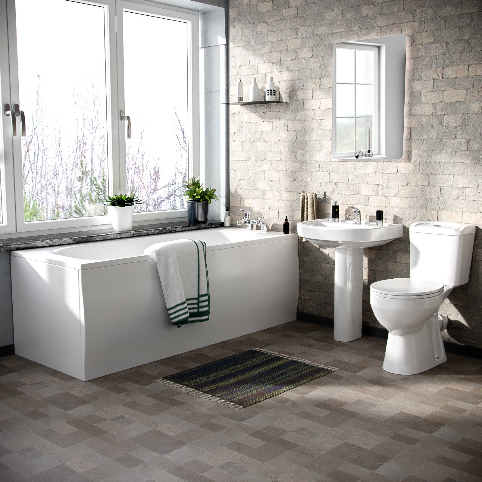 Omaha 3 Piece WC Toilet, Full Pedestal Basin and Round Bath Tub Bathroom Suite