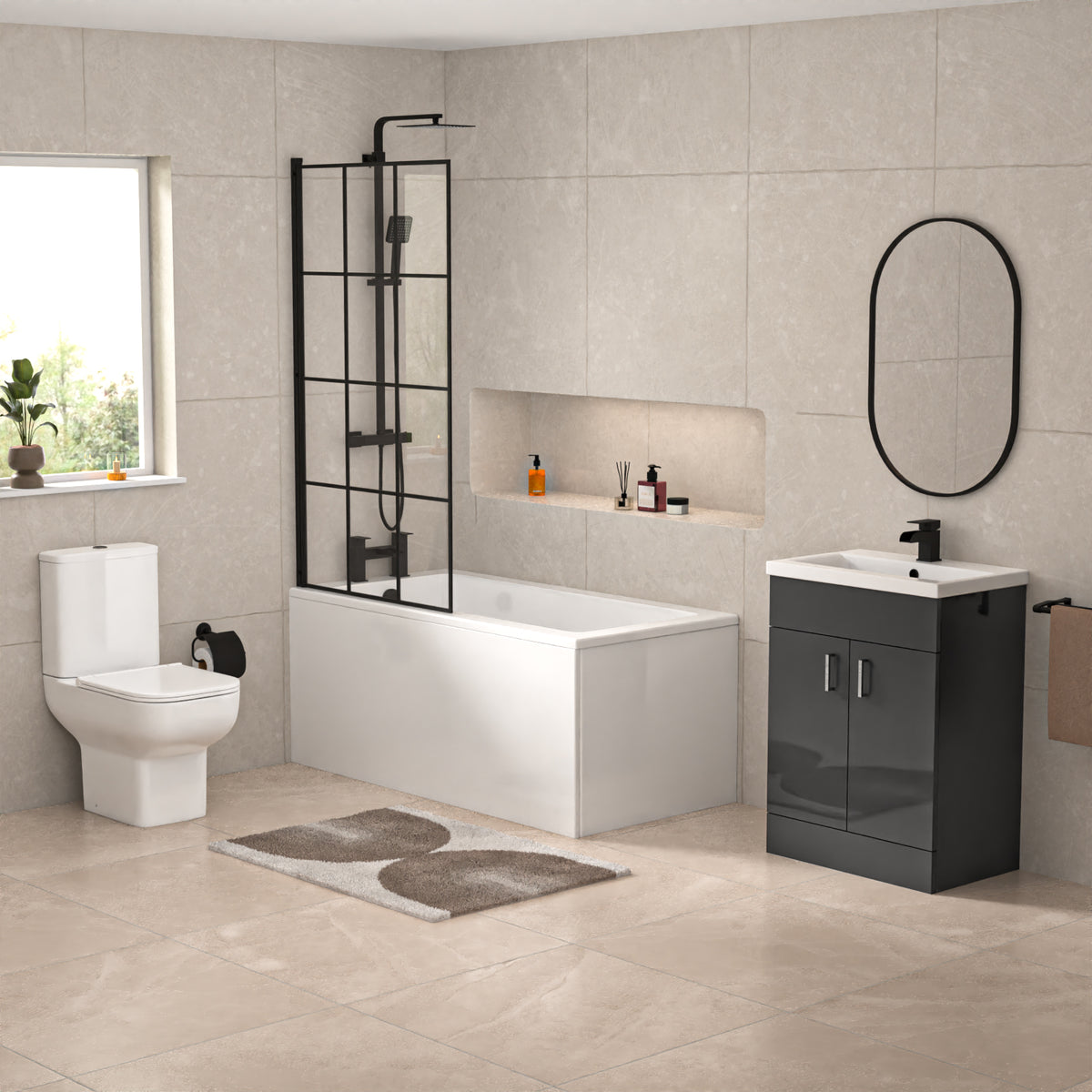 1400mm Square Bath with Grid Screen, Exposed Shower, Vanity with Toilet & Taps
