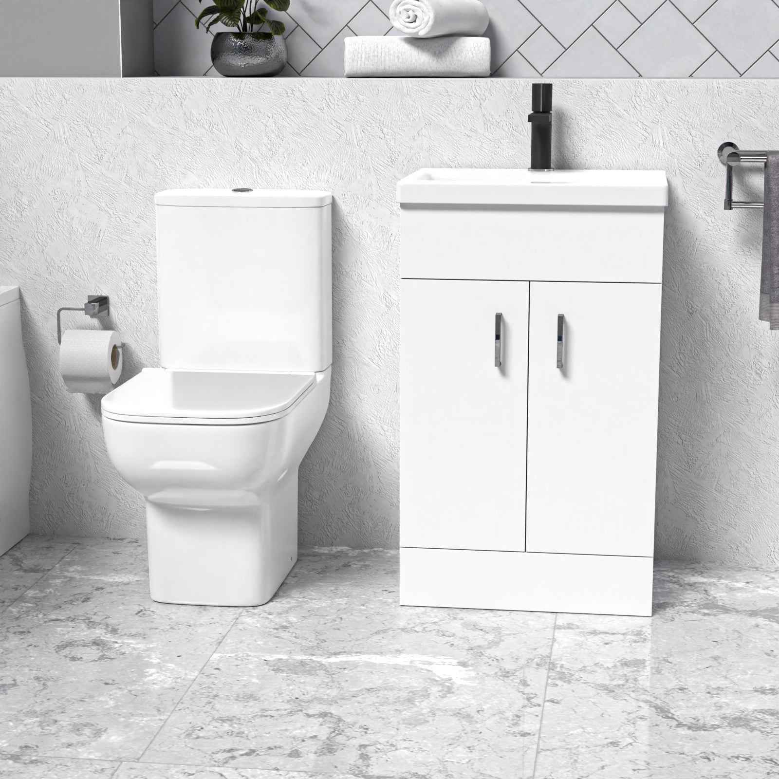 Nanuya White 500mm Cloakroom Suite with Basin Vanity and Close Coupled Toilet