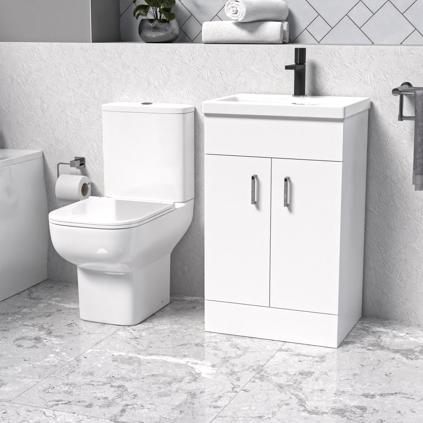 Nanuya White 500mm Cloakroom Suite with Basin Vanity and Close Coupled Toilet