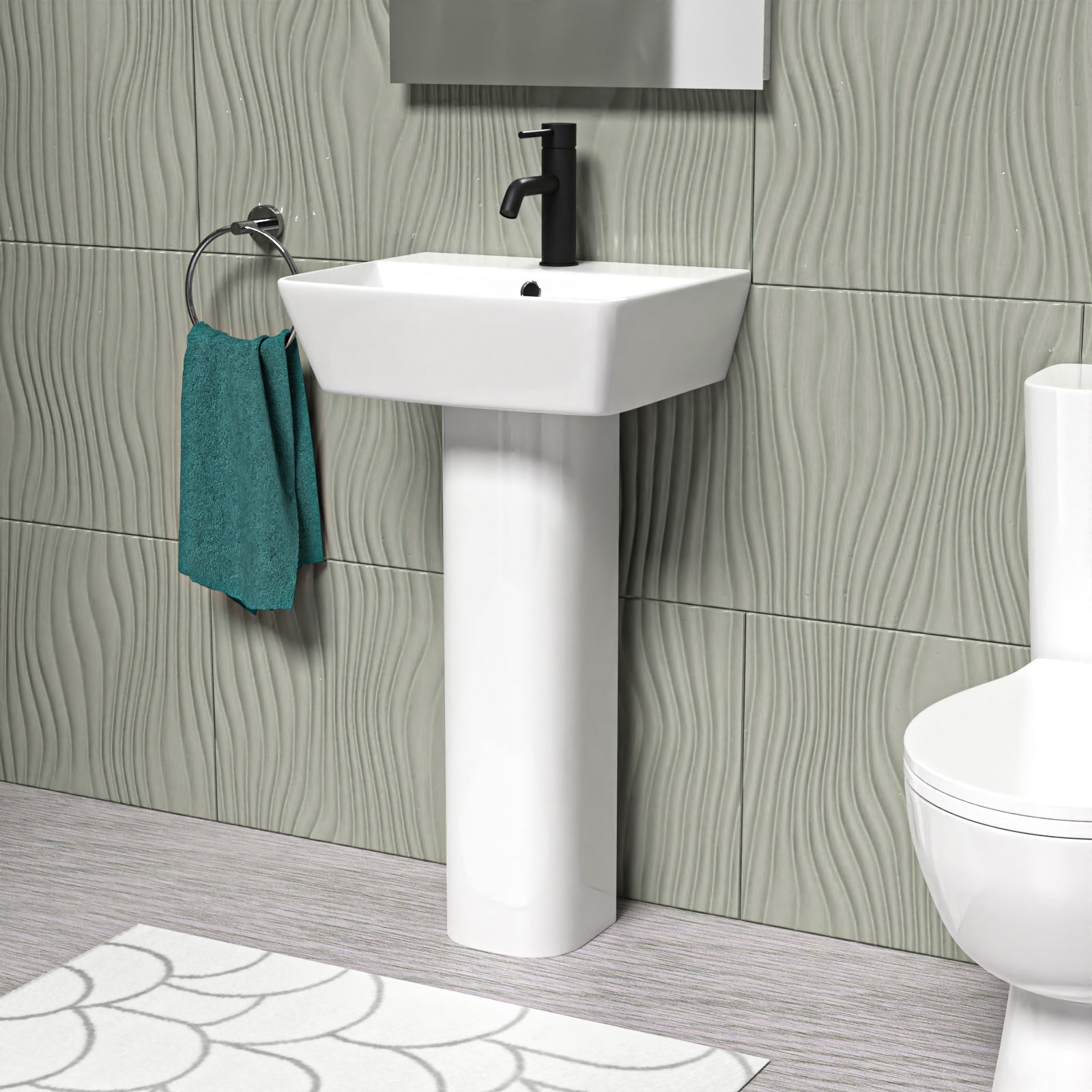 White 450mm Square Modern Full Pedestal Basin