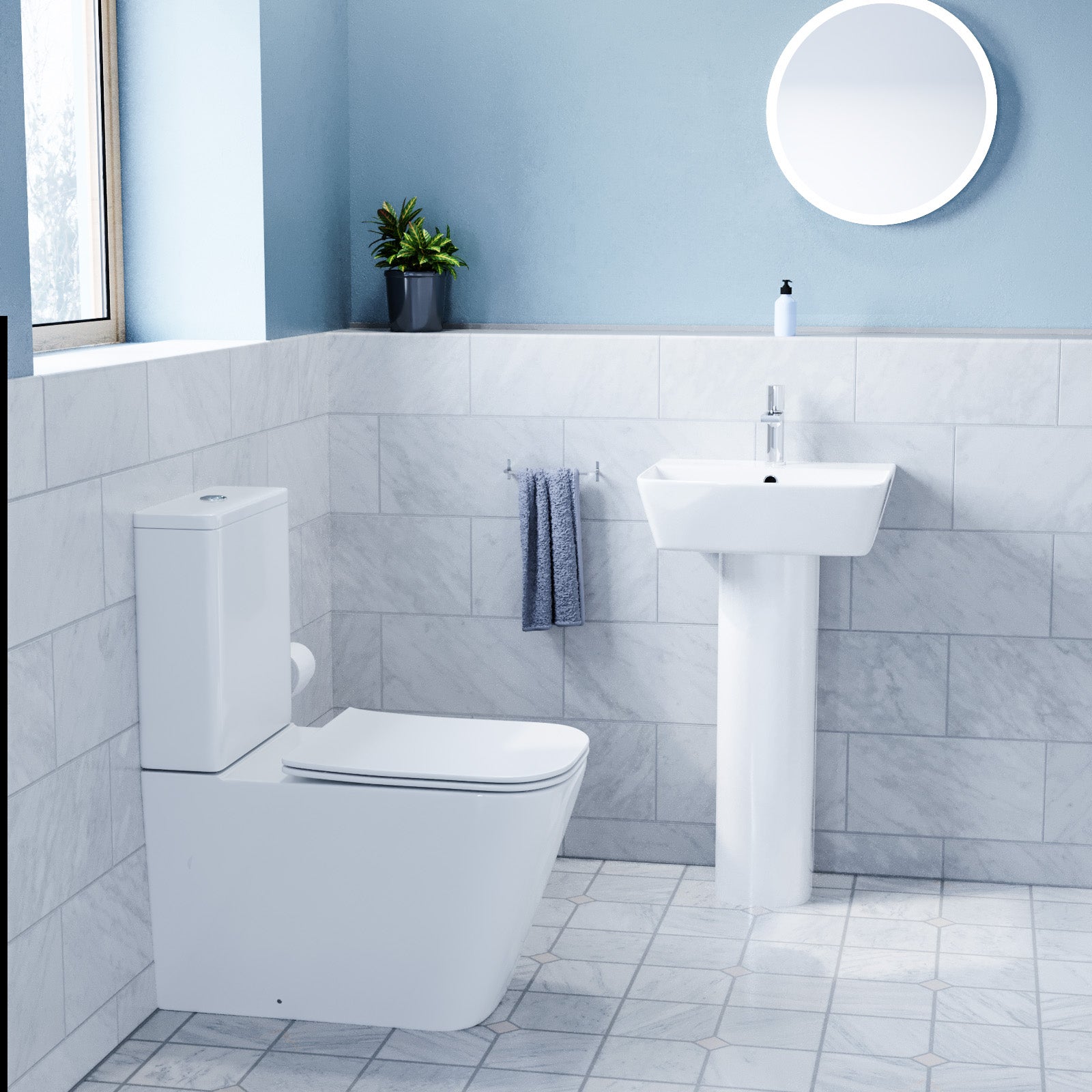 White 450mm Square Modern Full Pedestal Basin with Modern Toilet