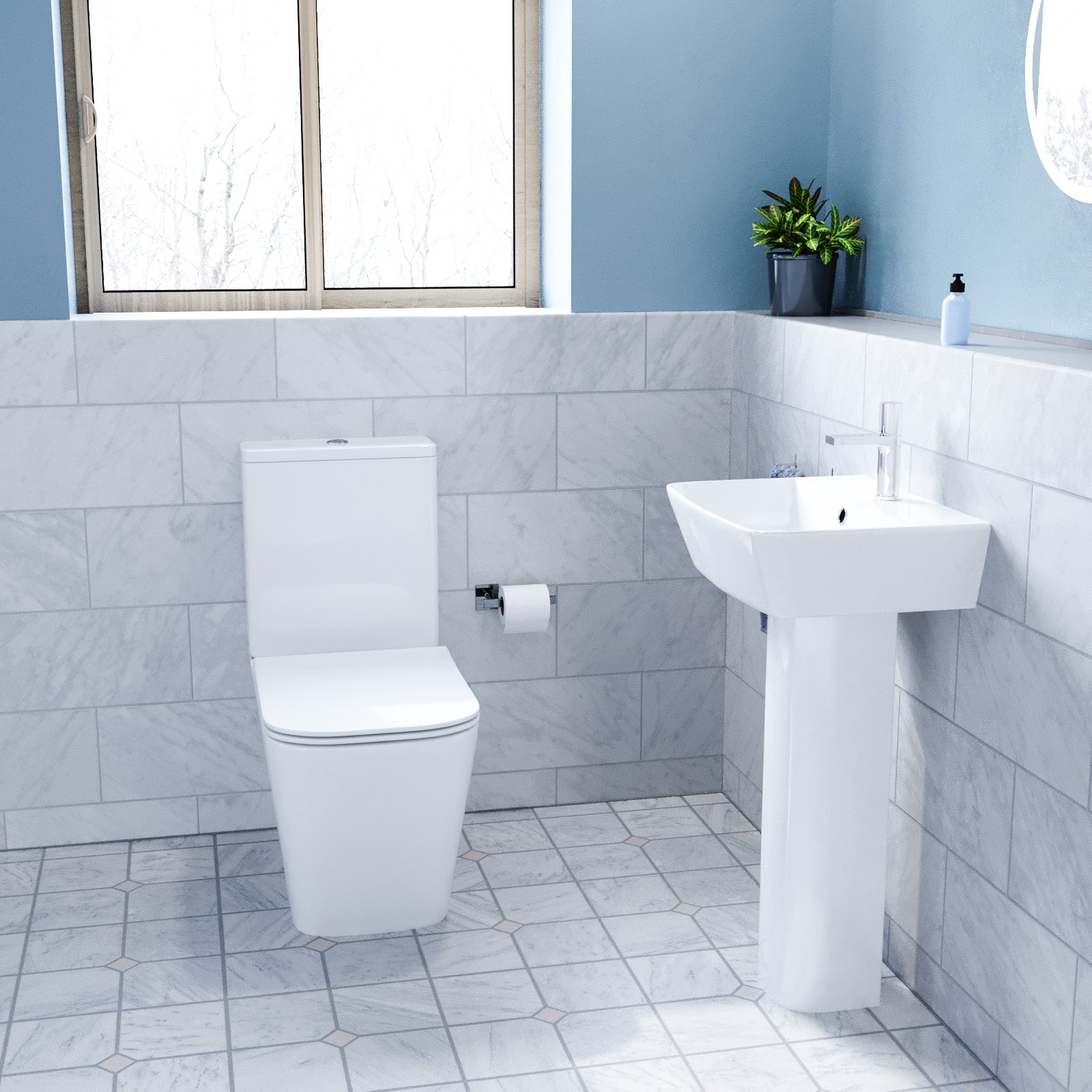 White 450mm Square Modern Full Pedestal Basin with Modern Toilet