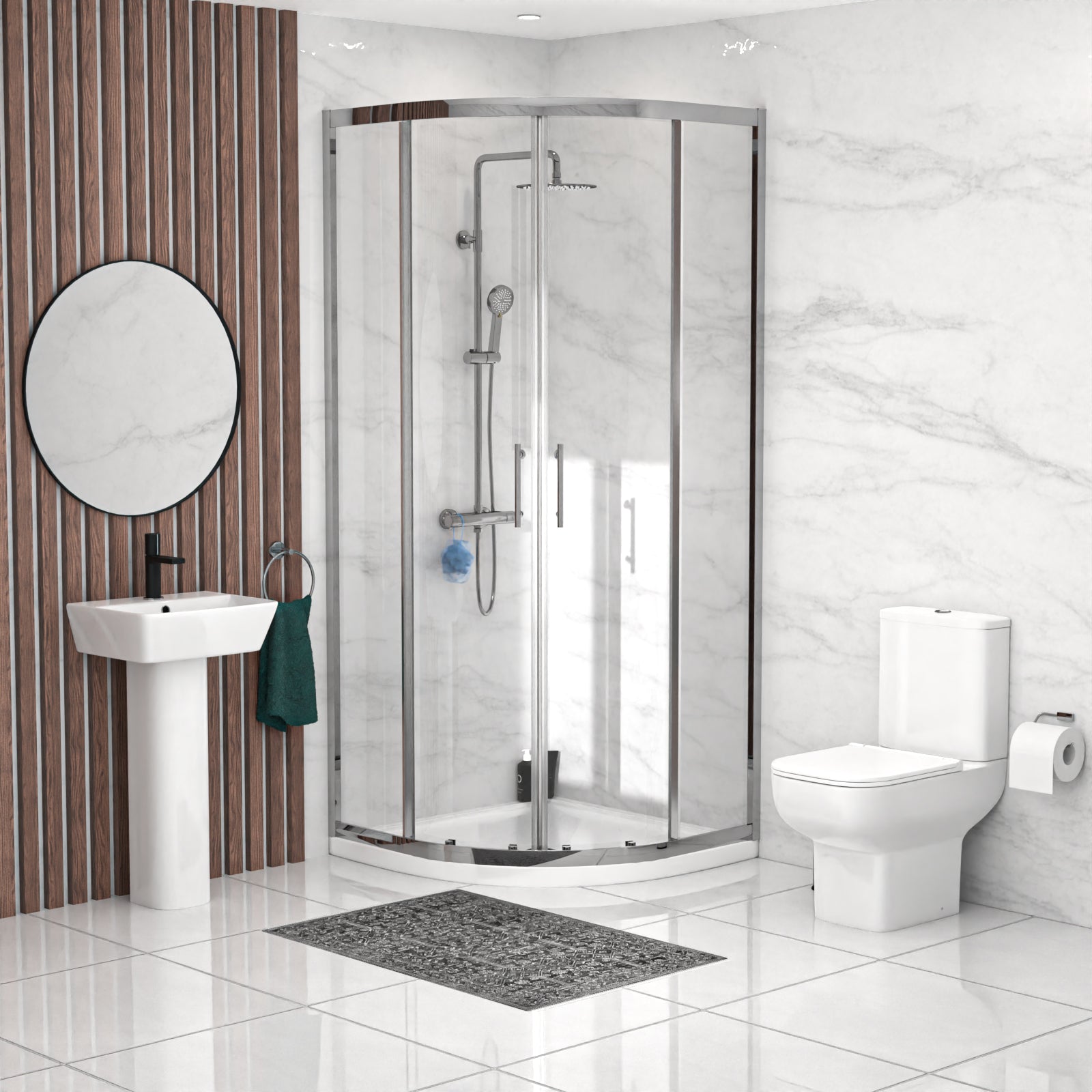 450mm Square Modern Pedestal Basin Toilet 900mm Shower Screen & Tray