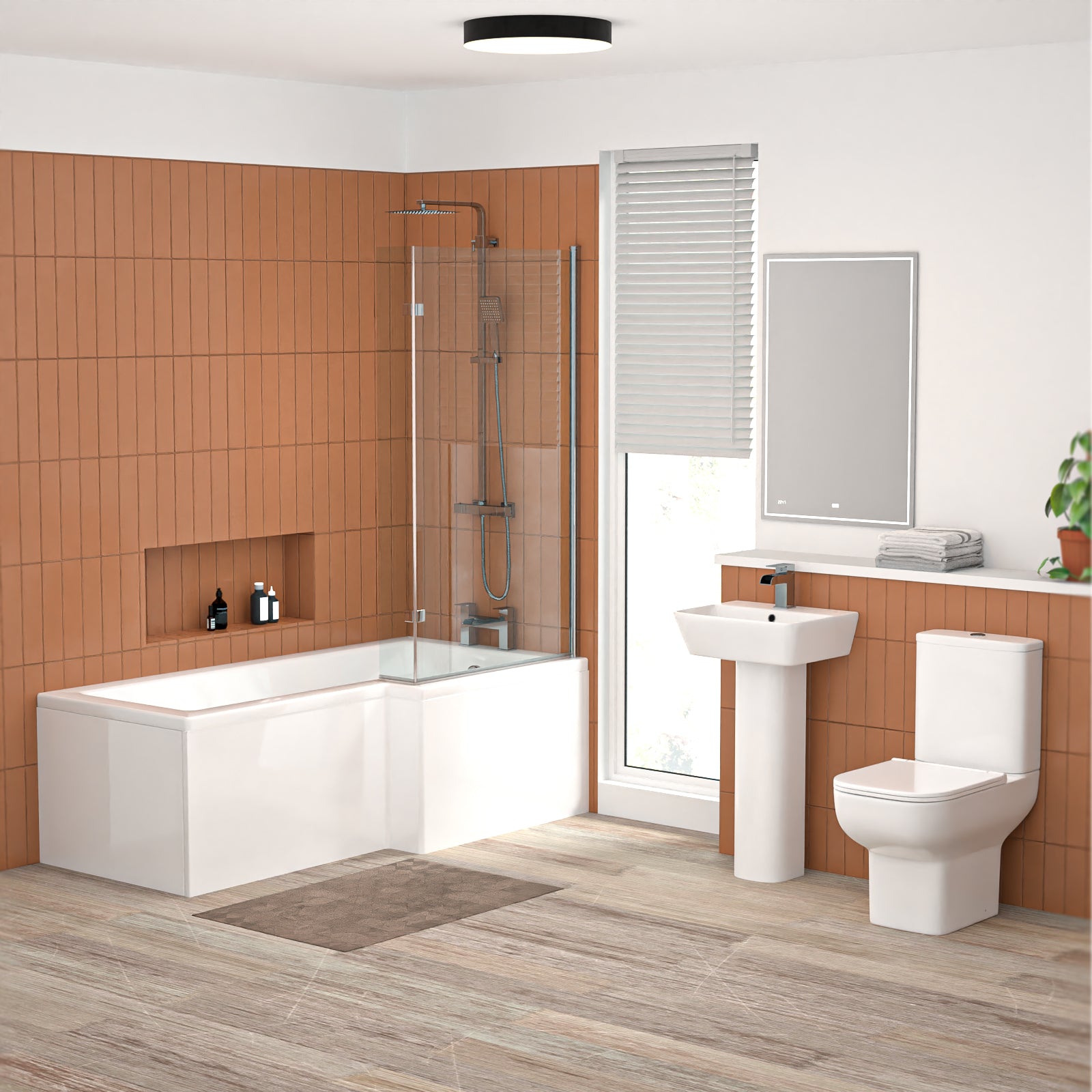 White 450mm Square Modern Pedestal Basin Toilet Shower Bath Taps Set