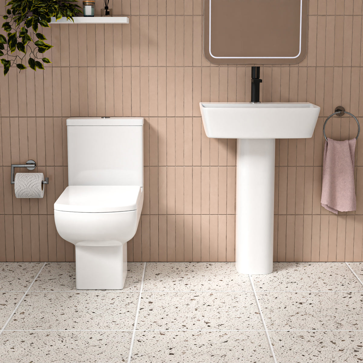 Aris White 560mm Square Modern Full Pedestal Basin with Rimless Toilet