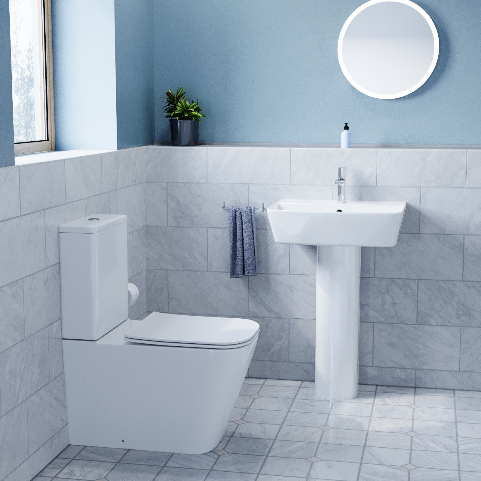 White 560mm Square Modern Full Pedestal Basin with Modern Toilet