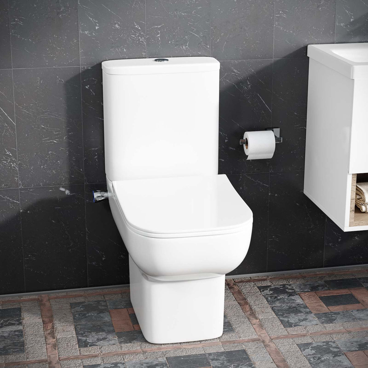 Rimless Square Close Coupled Toilet Pan with Integrated Bidet