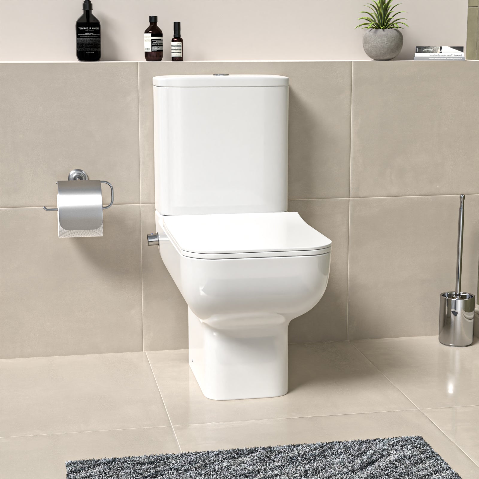 Square Rimless Close Coupled Toilet Pan with Integrated Hot Cold Bidet