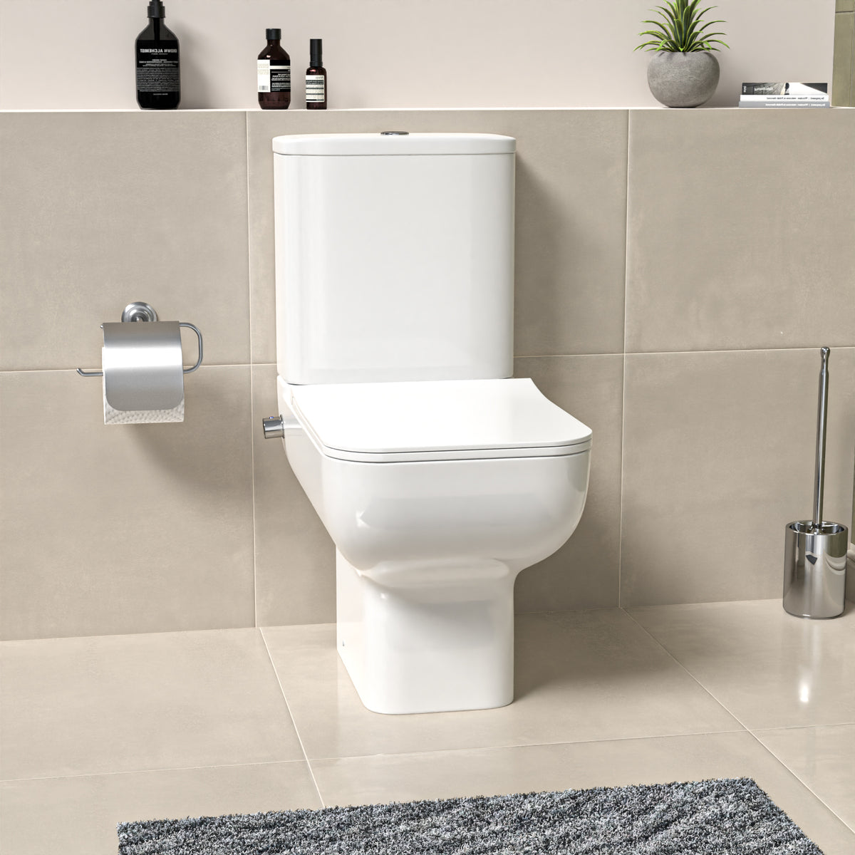 Square Comfort Height Rimless Close Coupled Toilet Pan with Integrated Hot Cold Bidet