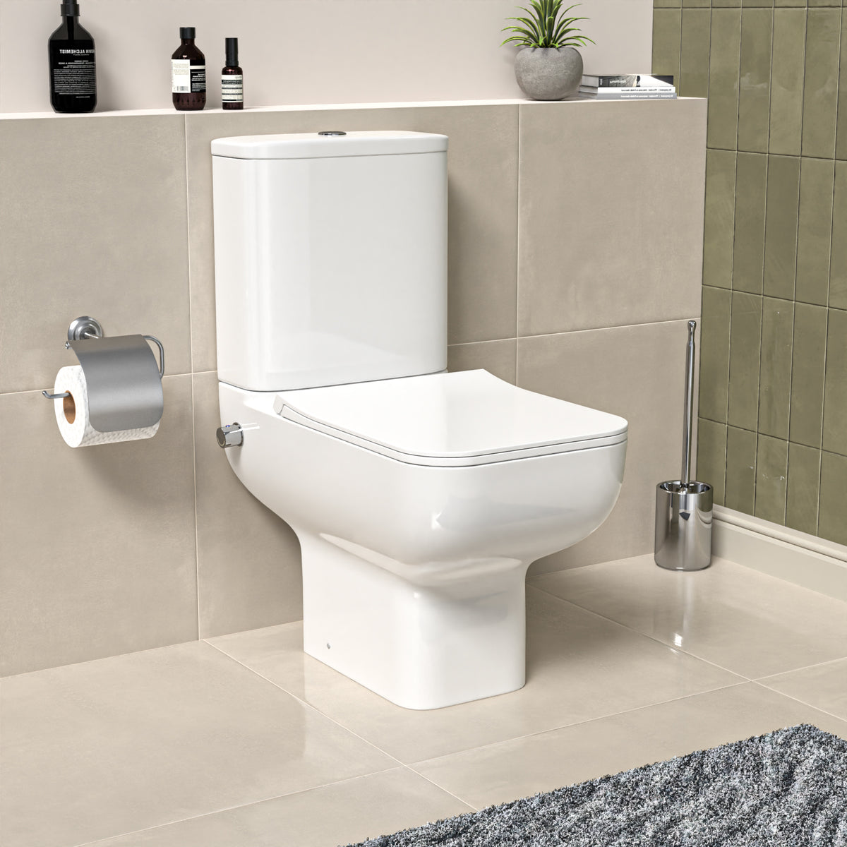 Square Comfort Height Rimless Close Coupled Toilet Pan with Integrated Hot Cold Bidet