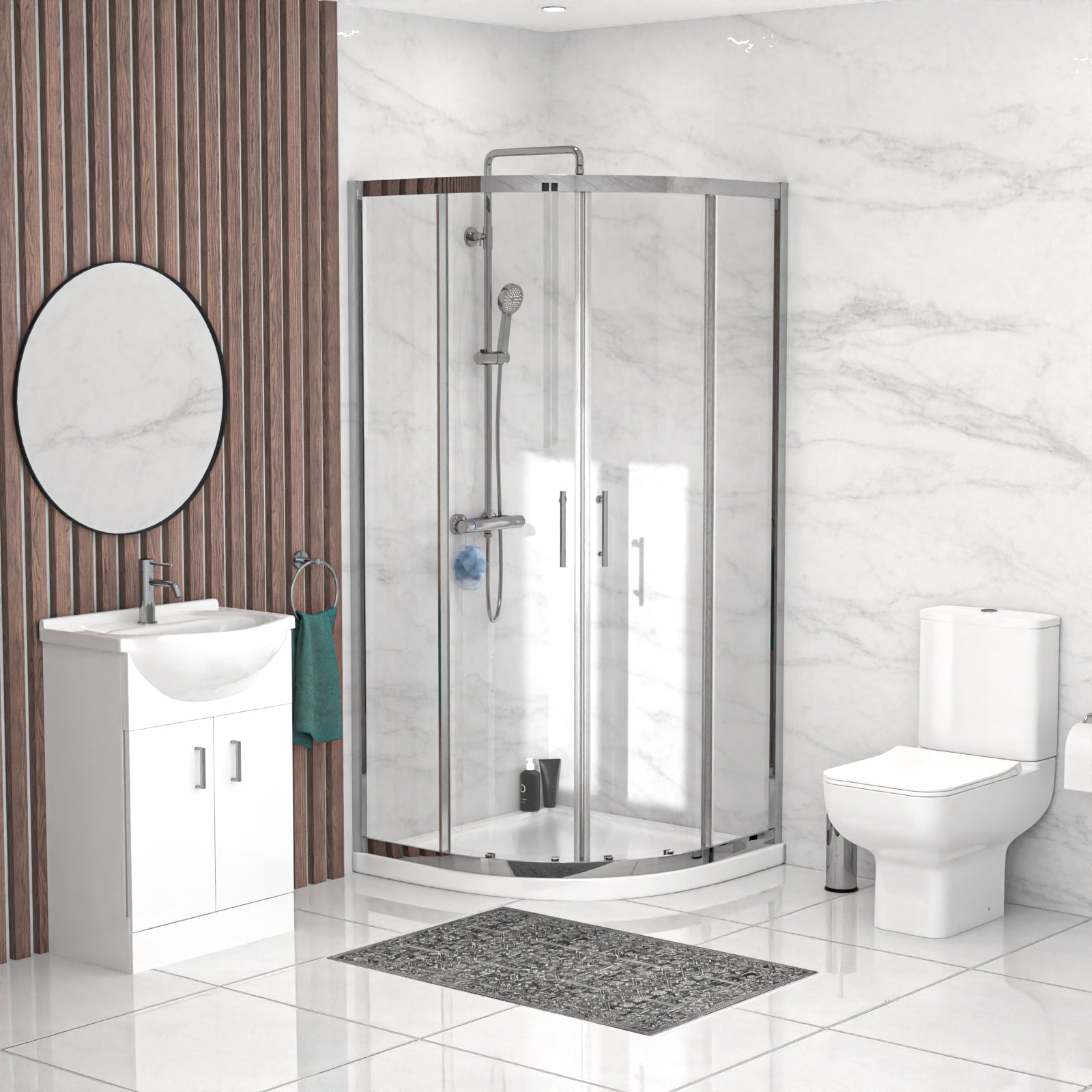Ellen Rimless Toilet, Vanity, 900mm Quadrant Shower Enclosure with Tray