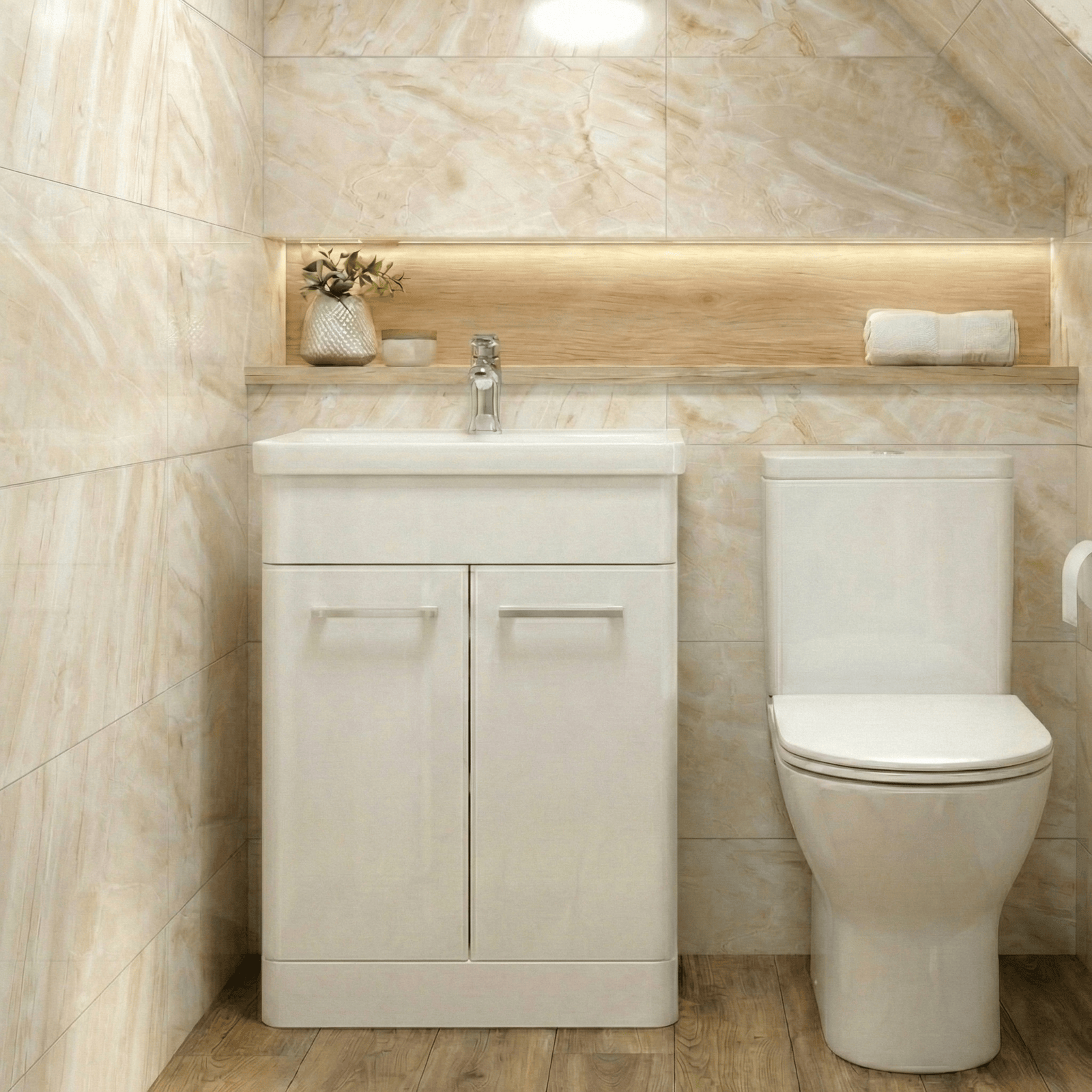 Afern Cloakroom 500mm Gloss White Cloakroom Floorstanding Vanity & Close Coupled Toilet with Soft Close Seat