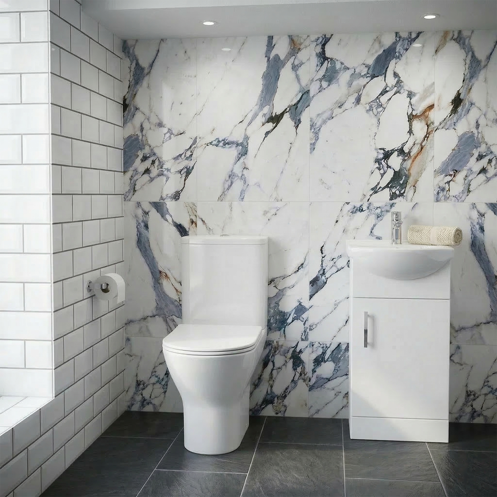 Ellen Cloakroom 450mm White Gloss Cloakroom Floorstanding Vanity Basin Unit & Close Coupled Toilet with Soft Close Seat