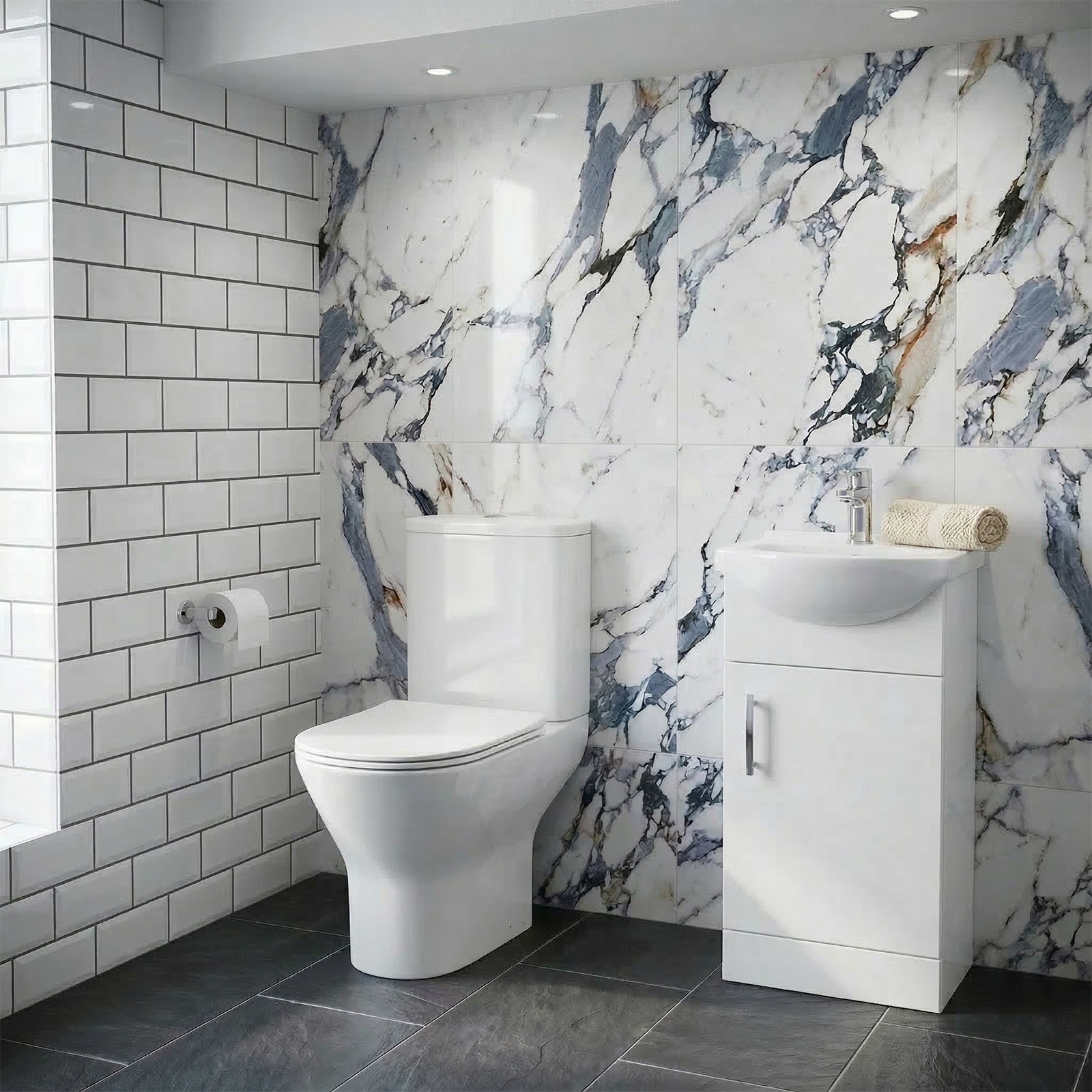 Ellen Cloakroom 450mm White Gloss Cloakroom Floorstanding Vanity Basin Unit & Close Coupled Toilet with Soft Close Seat