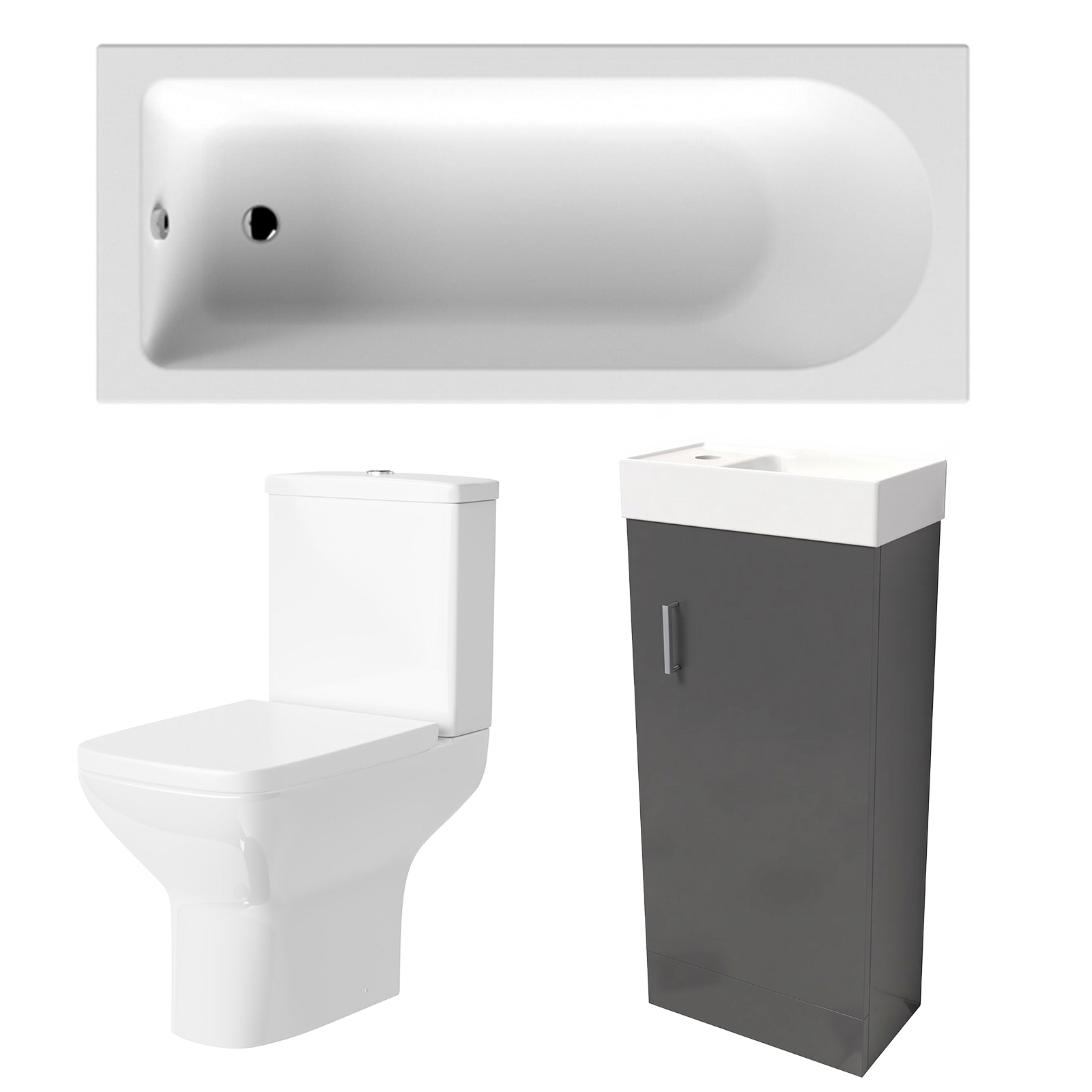 Small Bathroom Suite - Nanuya 400mm Anthracite Cloakroom Basin Vanity Unit with Close Coupled Toilet & 1500mm Standard Round Single Ended Bath
