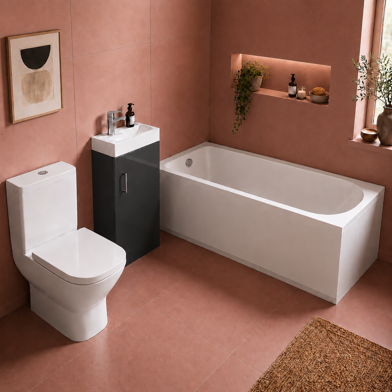 Small Bathroom Suite - Nanuya 400mm Anthracite Cloakroom Basin Vanity Unit with Close Coupled Toilet & 1500mm Standard Round Single Ended Bath