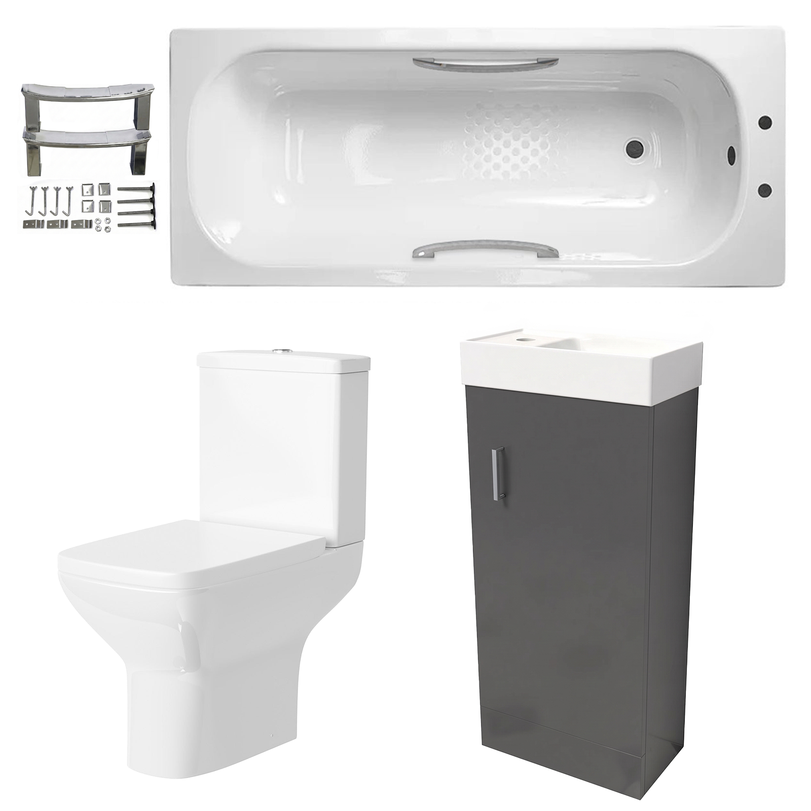 Small Bathroom Suite - Nanuya 400mm Anthracite Cloakroom Basin Vanity Unit with Close Coupled Toilet & 1500mm Steel Enamel Bath with Handles