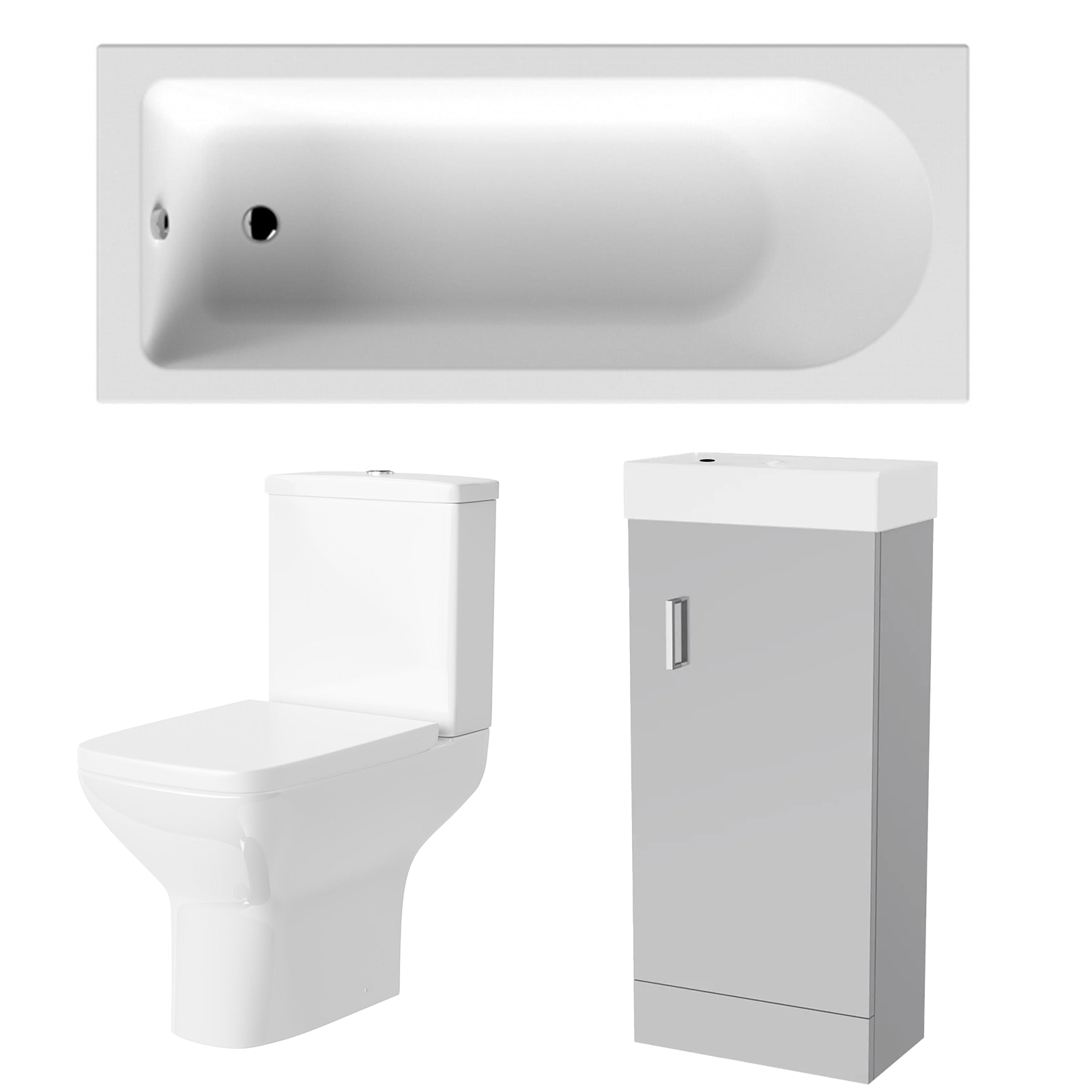 Small Bathroom Suite - Nanuya 400mm Matt Grey Cloakroom Basin Vanity Unit with Close Coupled Toilet & 1500mm Steel Enamel Bath with Handles