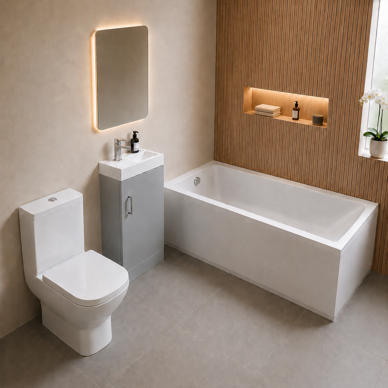 Small Bathroom Suite - Nanuya 400mm Matte Grey Cloakroom Basin Vanity Unit with Close Coupled Toilet & 1400mm Square Single Ended Bath