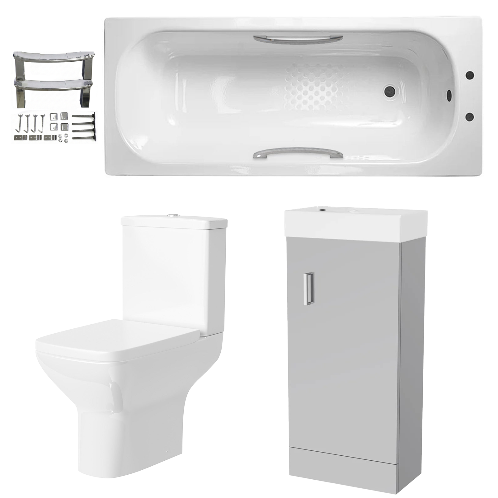 Small Bathroom Suite - Nanuya 400mm Matt Grey Cloakroom Basin Vanity Unit with Close Coupled Toilet & 1500mm Steel Enamel Bath with Handles