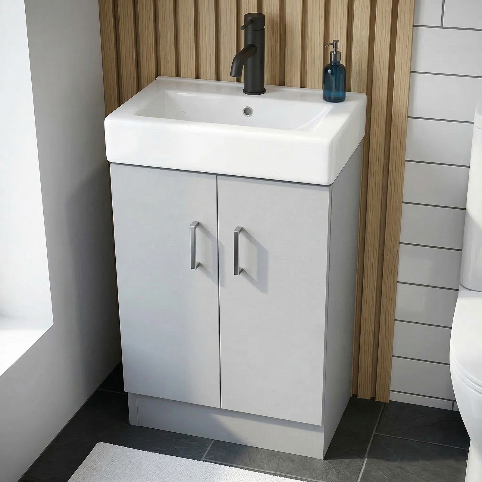 Nanuya Cloakroom 450mm Matte Grey Freestanding Vanity Basin Unit & Close Coupled Toilet with Soft Close Seat