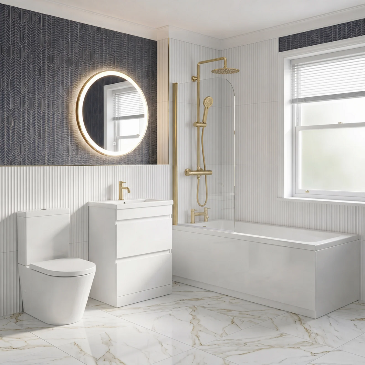 Bathroom Suite - Alaska 1700mm Square Single Ended Bathtub with Screen, 600mm 2 Drawer Basin Vanity & Close Coupled Toilet - Set with Brushed Brass Fittings