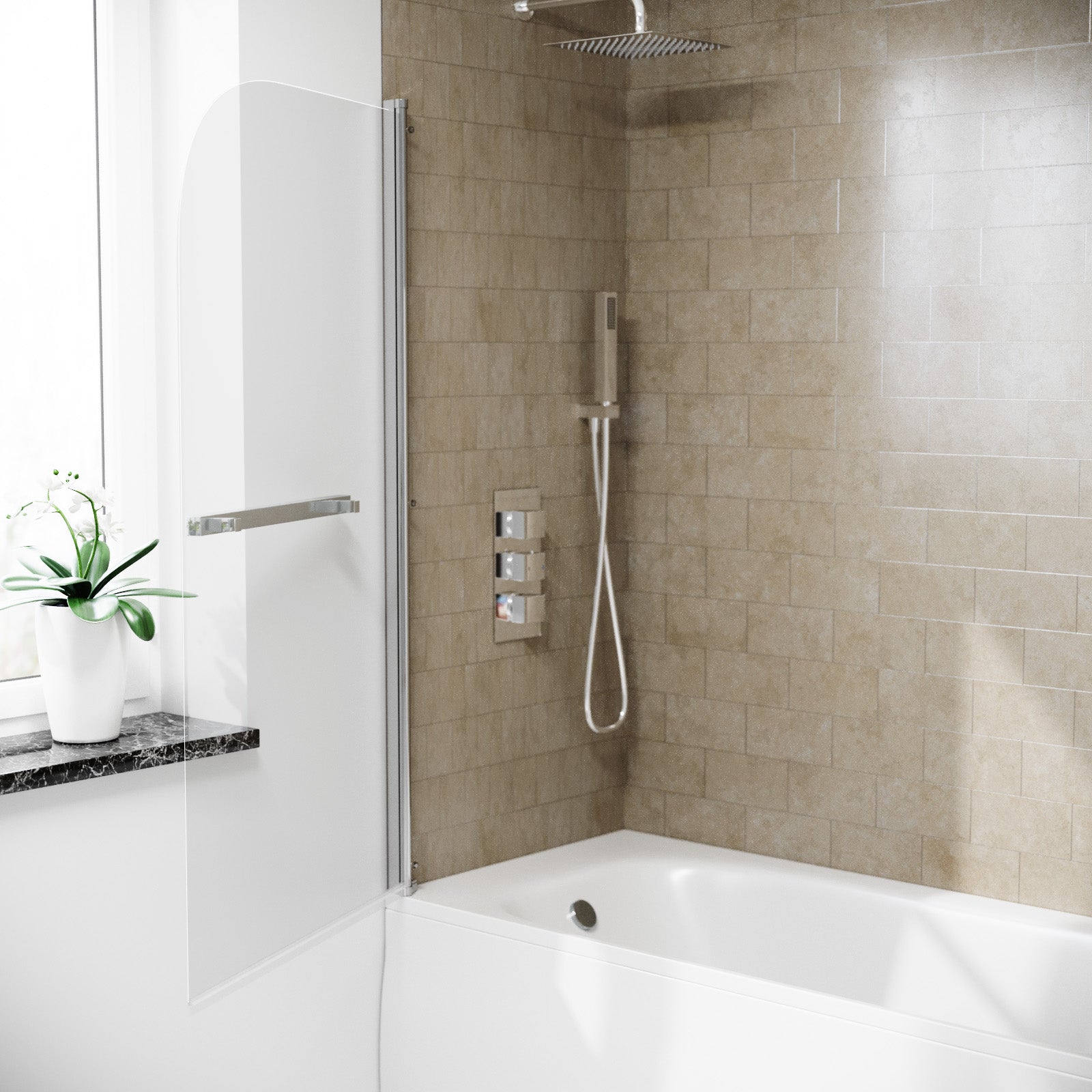 Frameless Bath Shower Screen with Glass Swing Door and Towel Bar