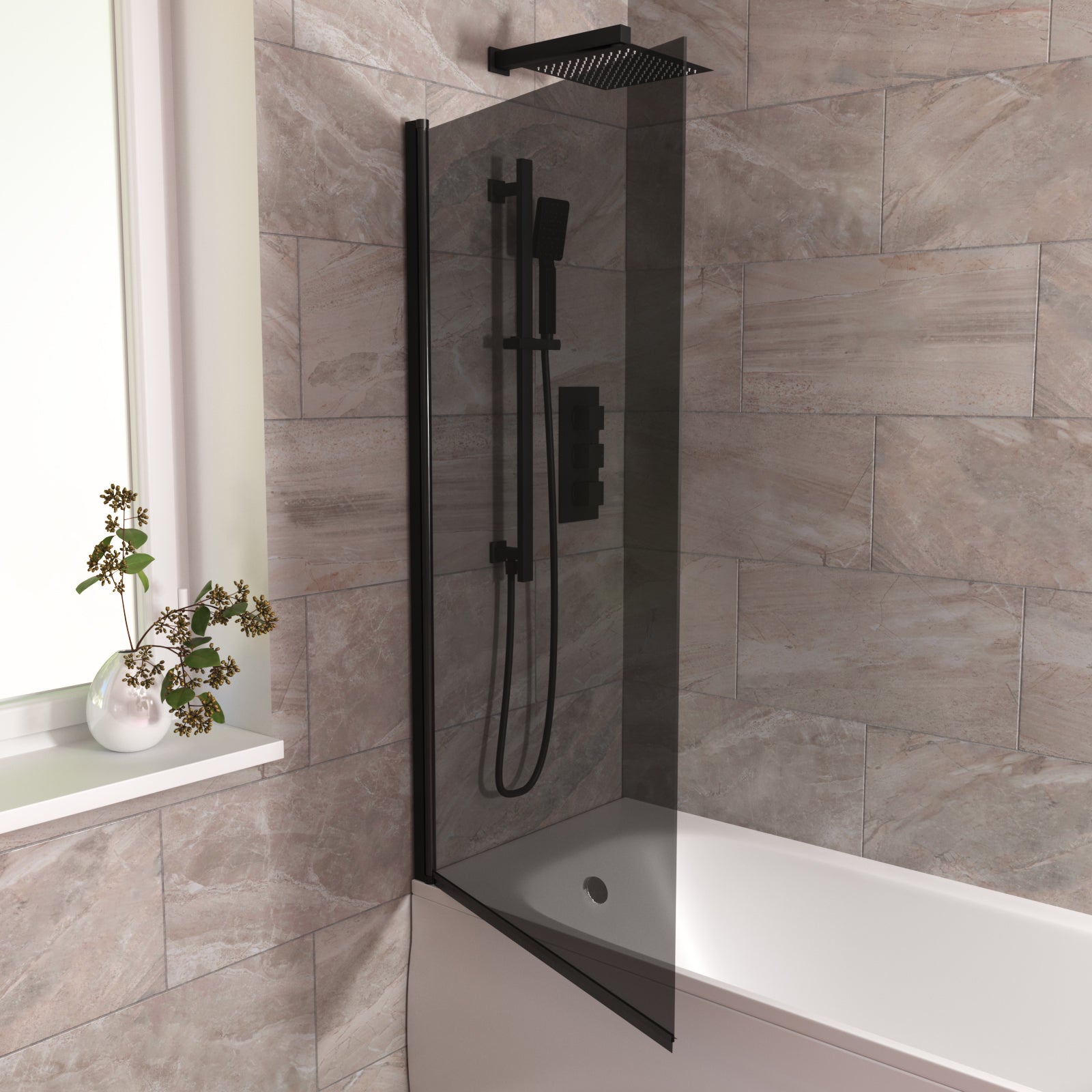 800mm Square Bath Screen Black Profile Tinted Black Glass Reversible