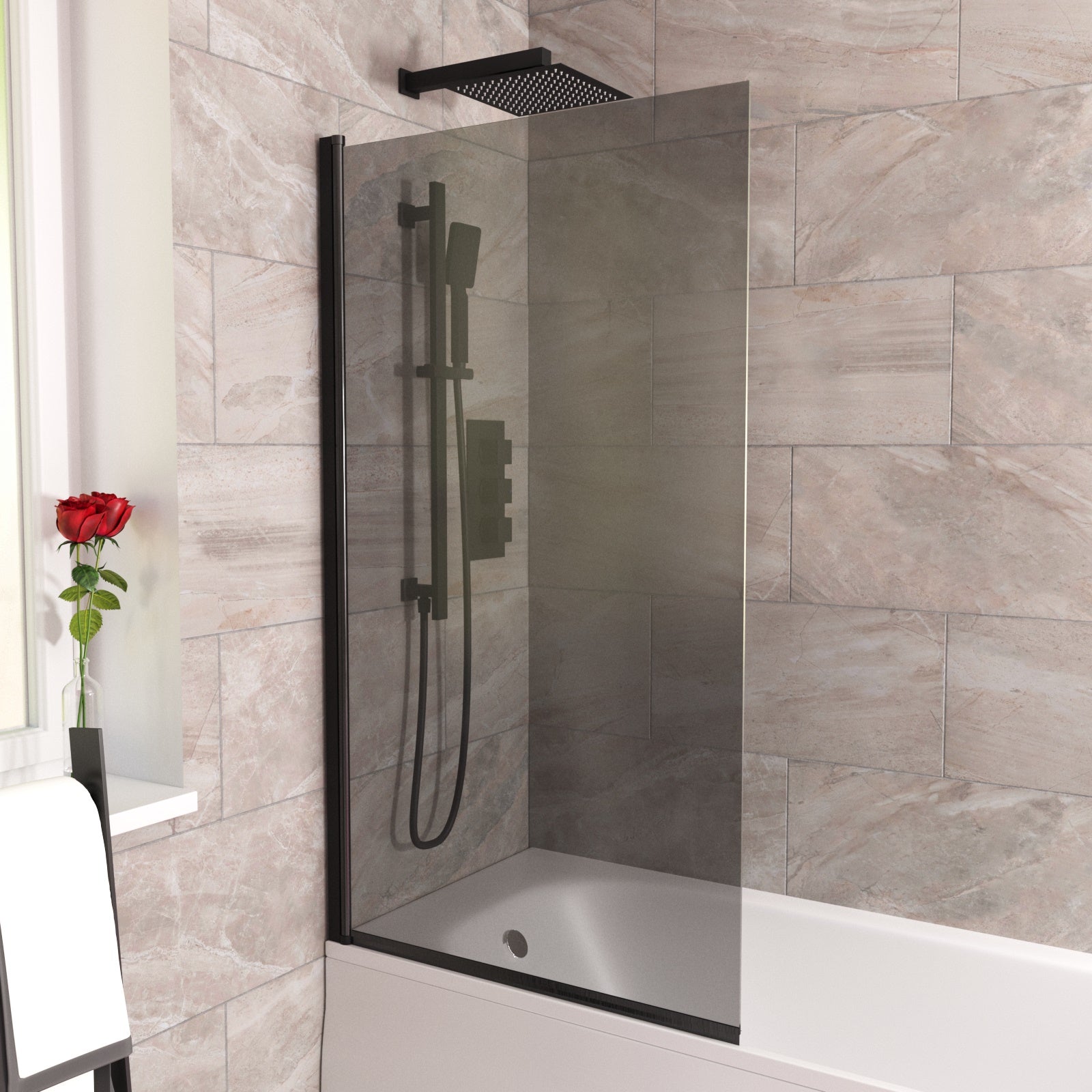 800mm Square Bath Screen Matt Black Profile Grey Tinted Glass Reversible
