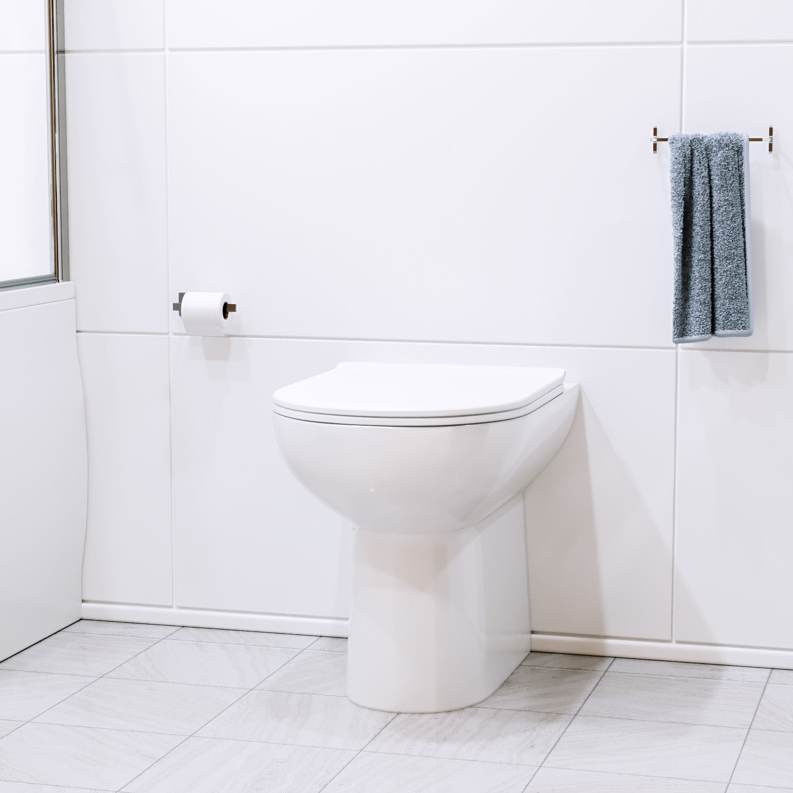 White toilet in a bathroom with a towel rack.