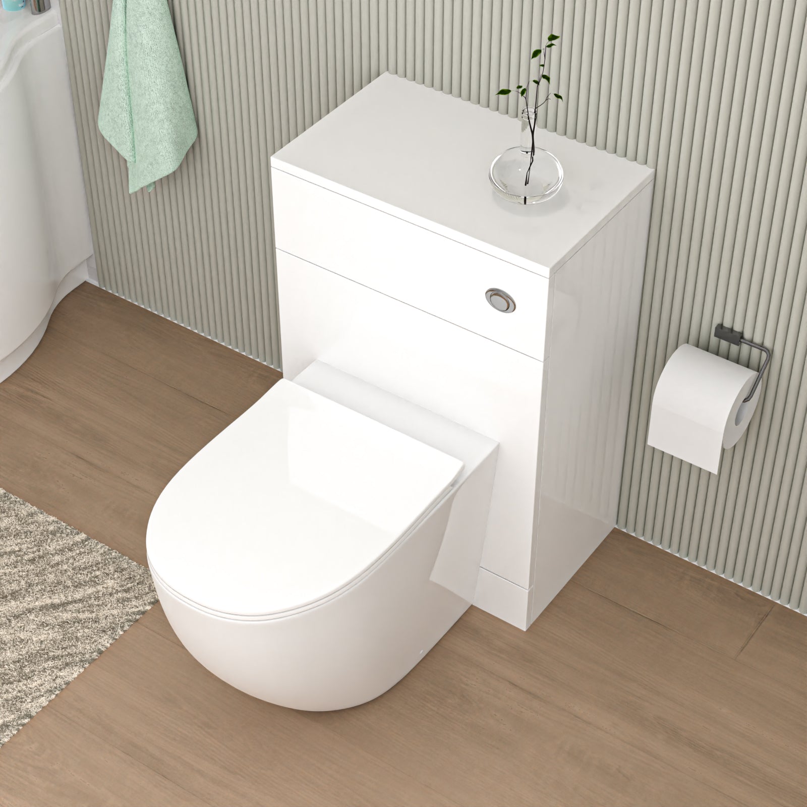 James 500mm WC Unit & D Shape Rimless Round Back To Wall Toilet With Cistern