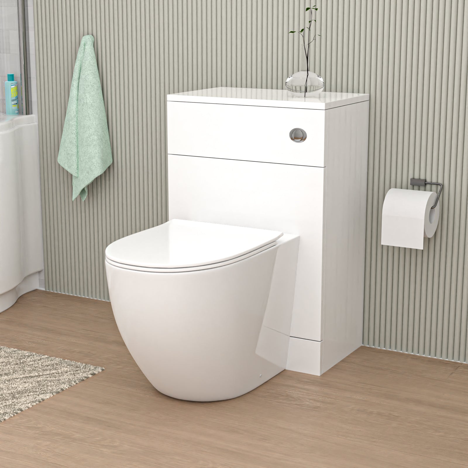 James 500mm WC Unit & D Shape Rimless Round Back To Wall Toilet With Cistern