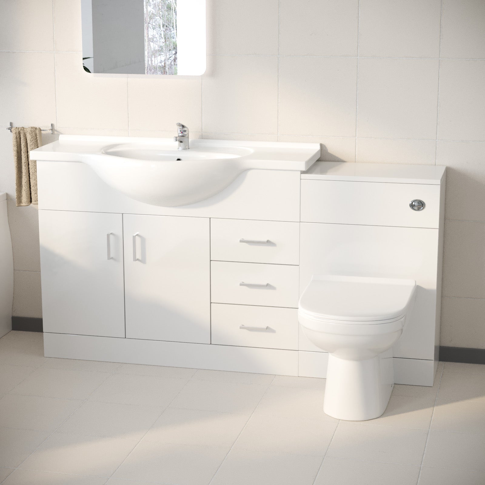 1050mm White Freestanding Vanity Unit With Basin, WC Unit & BTW Toilet