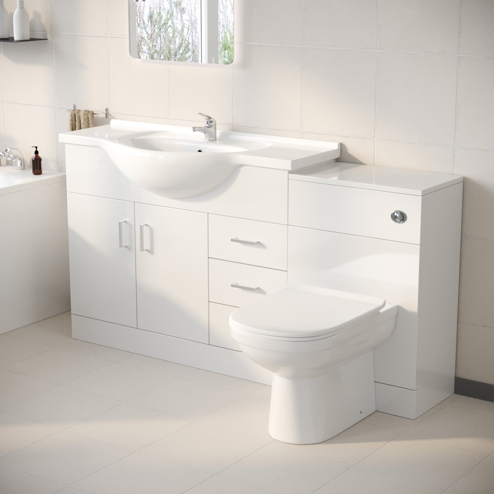 1050mm White Freestanding Vanity Unit With Basin, WC Unit & BTW Toilet