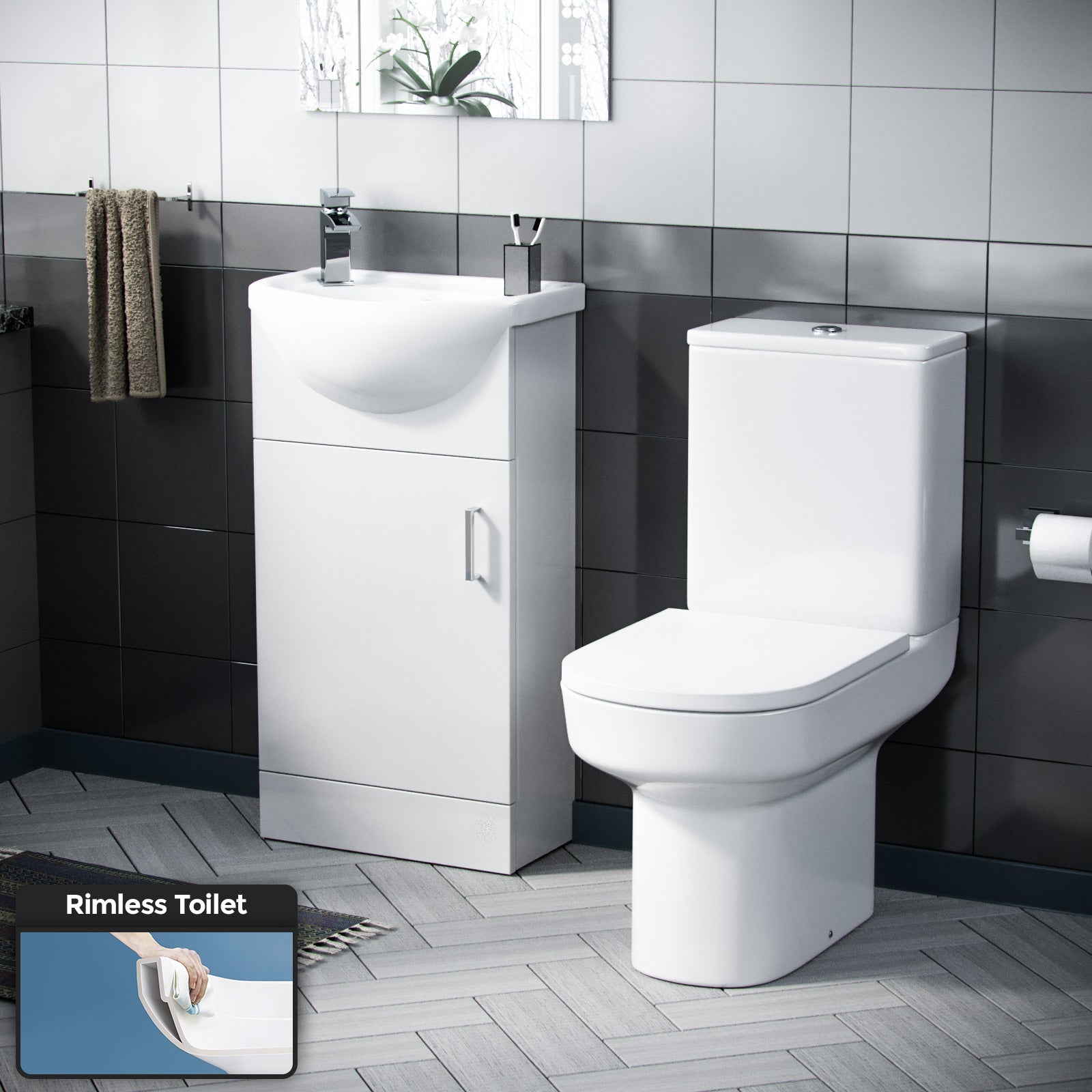 Ellen 400mm Freestanding Vanity Basin Unit & Rimless Close Coupled Toilet White