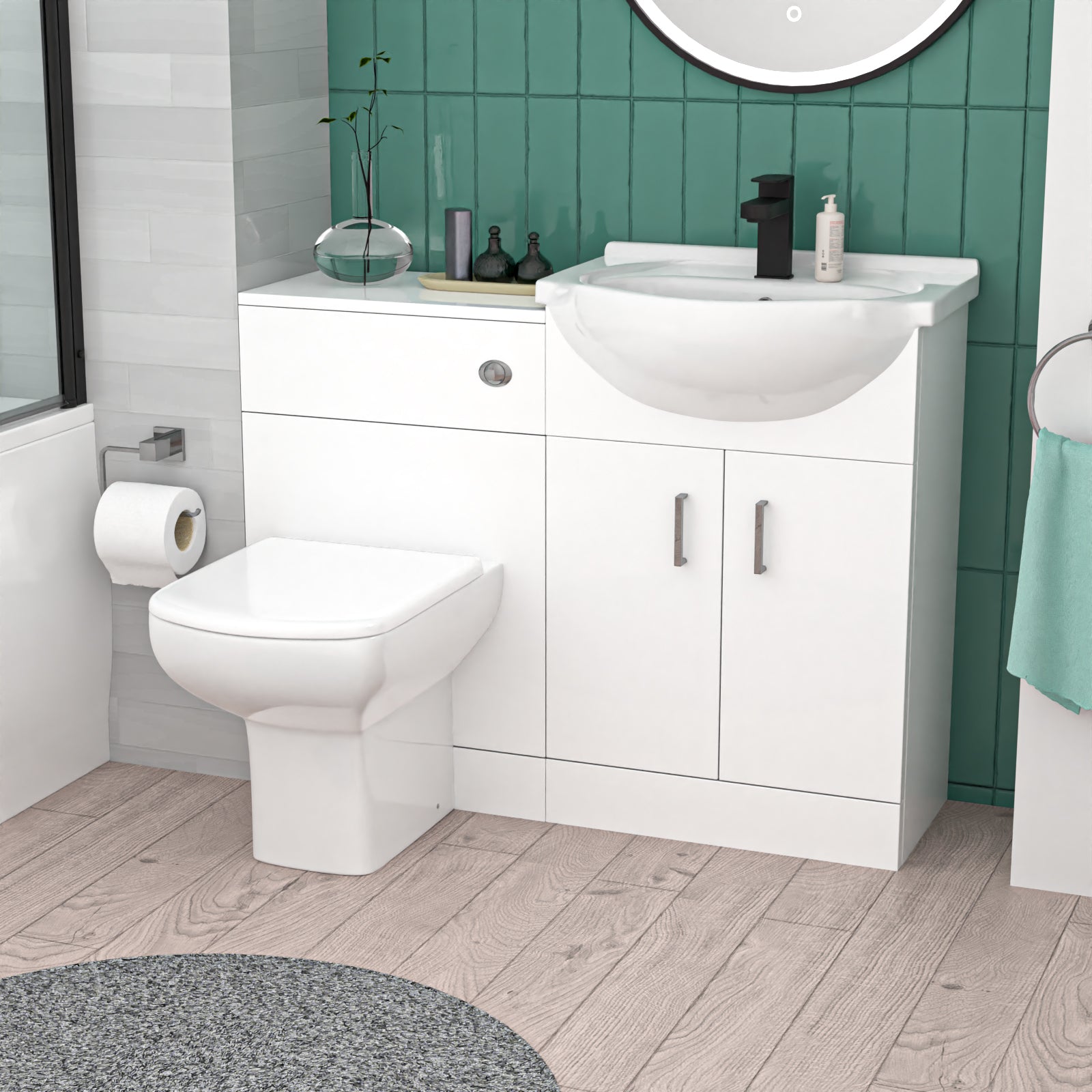Ellen 1050mm White Basin Vanity, WC Unit & White Rimless BTW Toilet