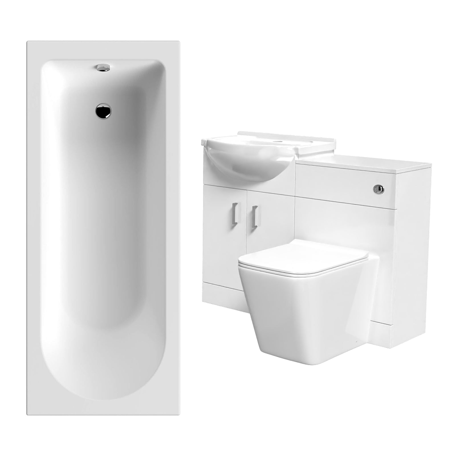Ellen White Basin Vanity With WC Unit, Square BTW Toilet & 1700mm Bath Suite
