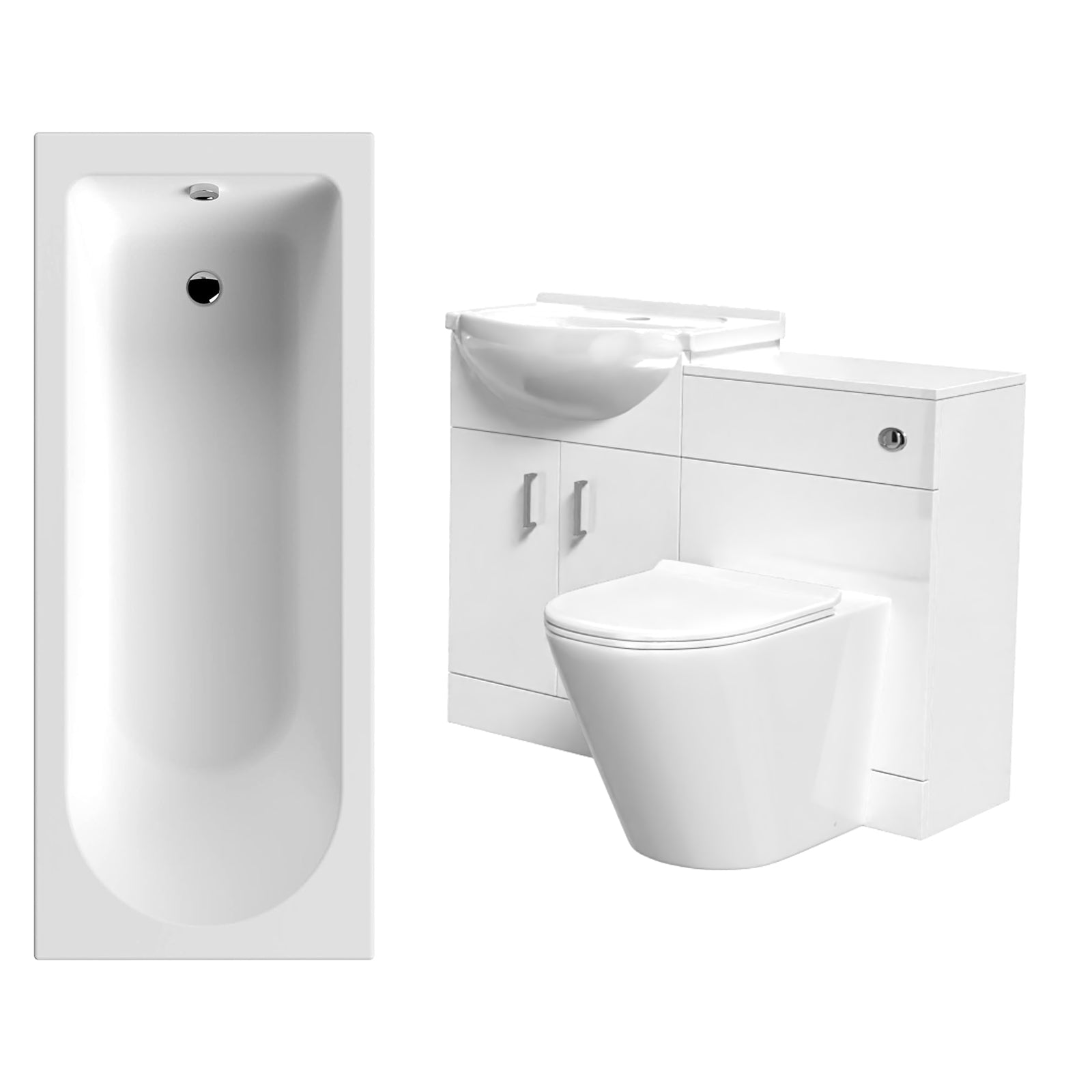 Ellen White Basin Vanity With WC Unit, Round BTW Toilet & 1700mm Bath Suite