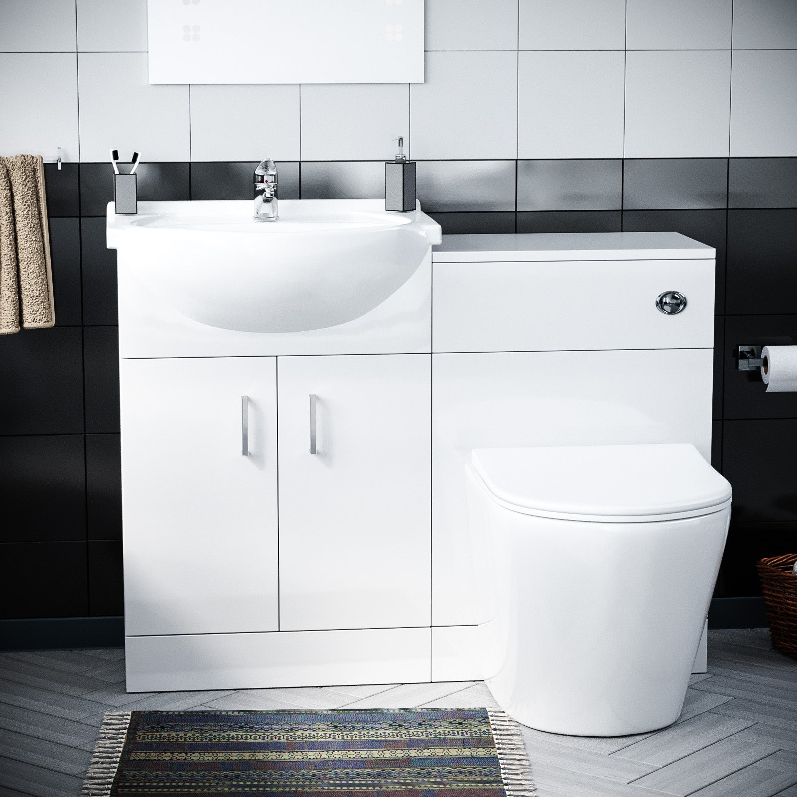 Ellen 550mm White Basin Vanity Cabinet With WC, BTW Toilet & Acrylic Bath Suite