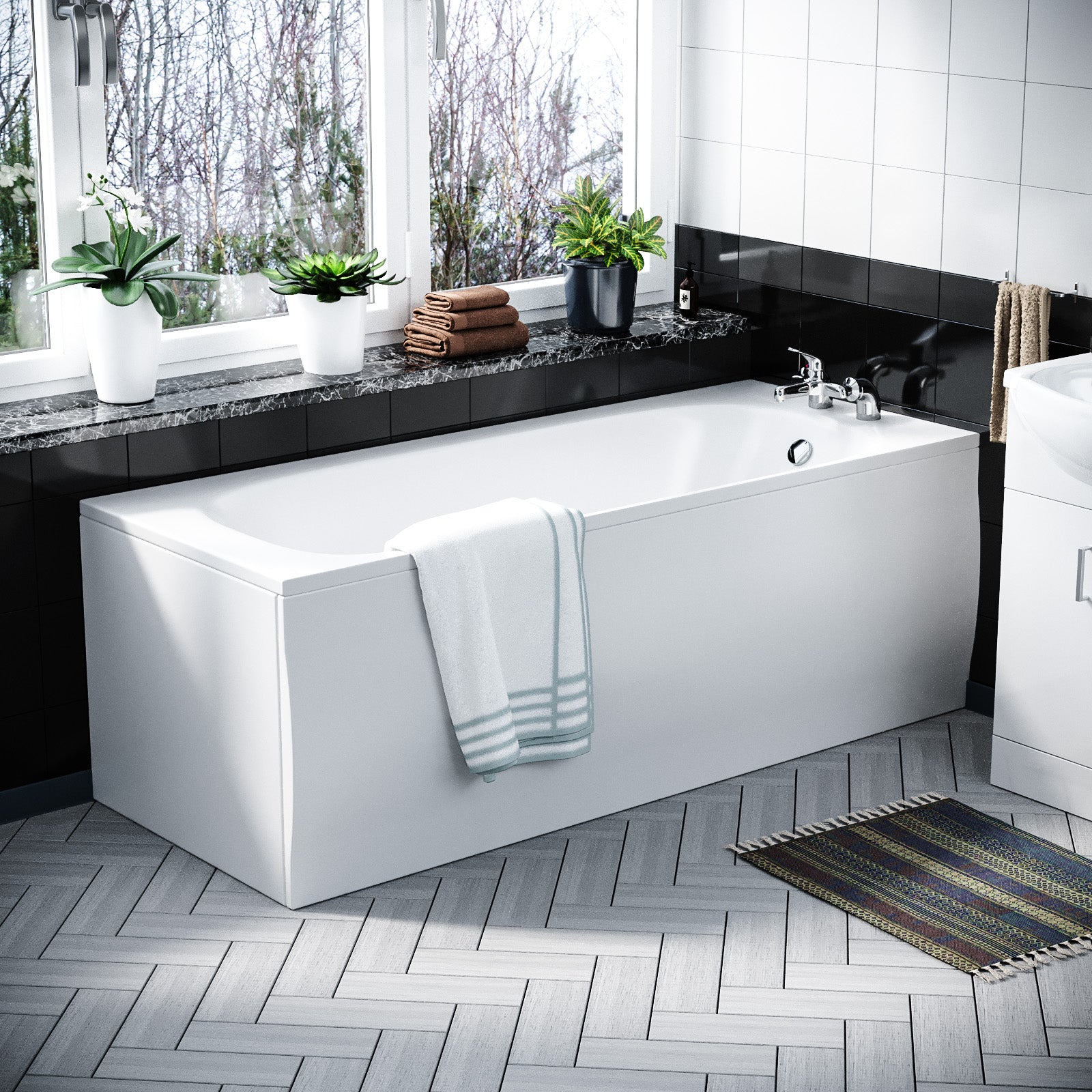 Ellen 550mm White Basin Vanity, WC, BTW Toilet & Acrylic Bath Suite Flat Pack