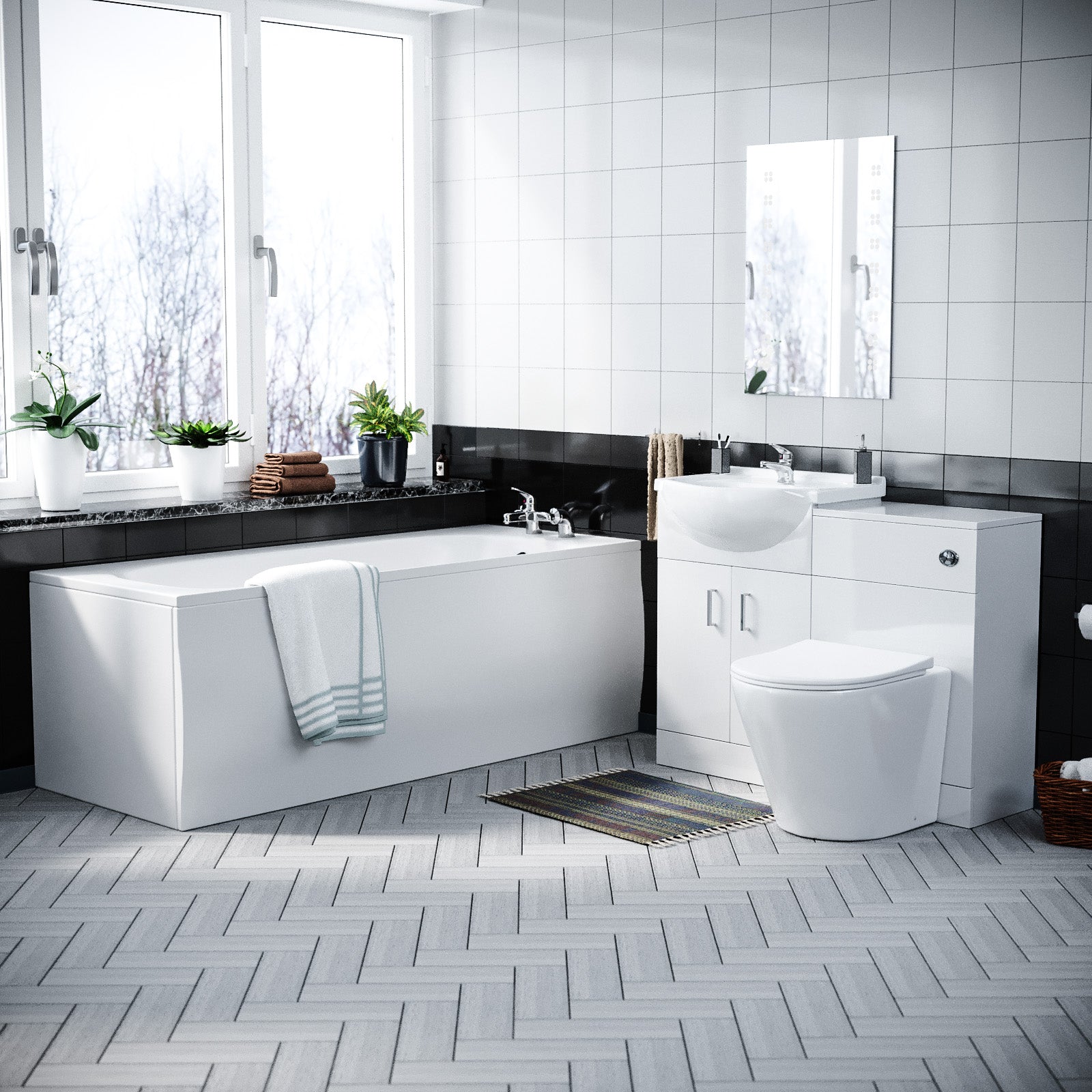 Ellen 550mm White Basin Vanity, WC, BTW Toilet & Acrylic Bath Suite Flat Pack