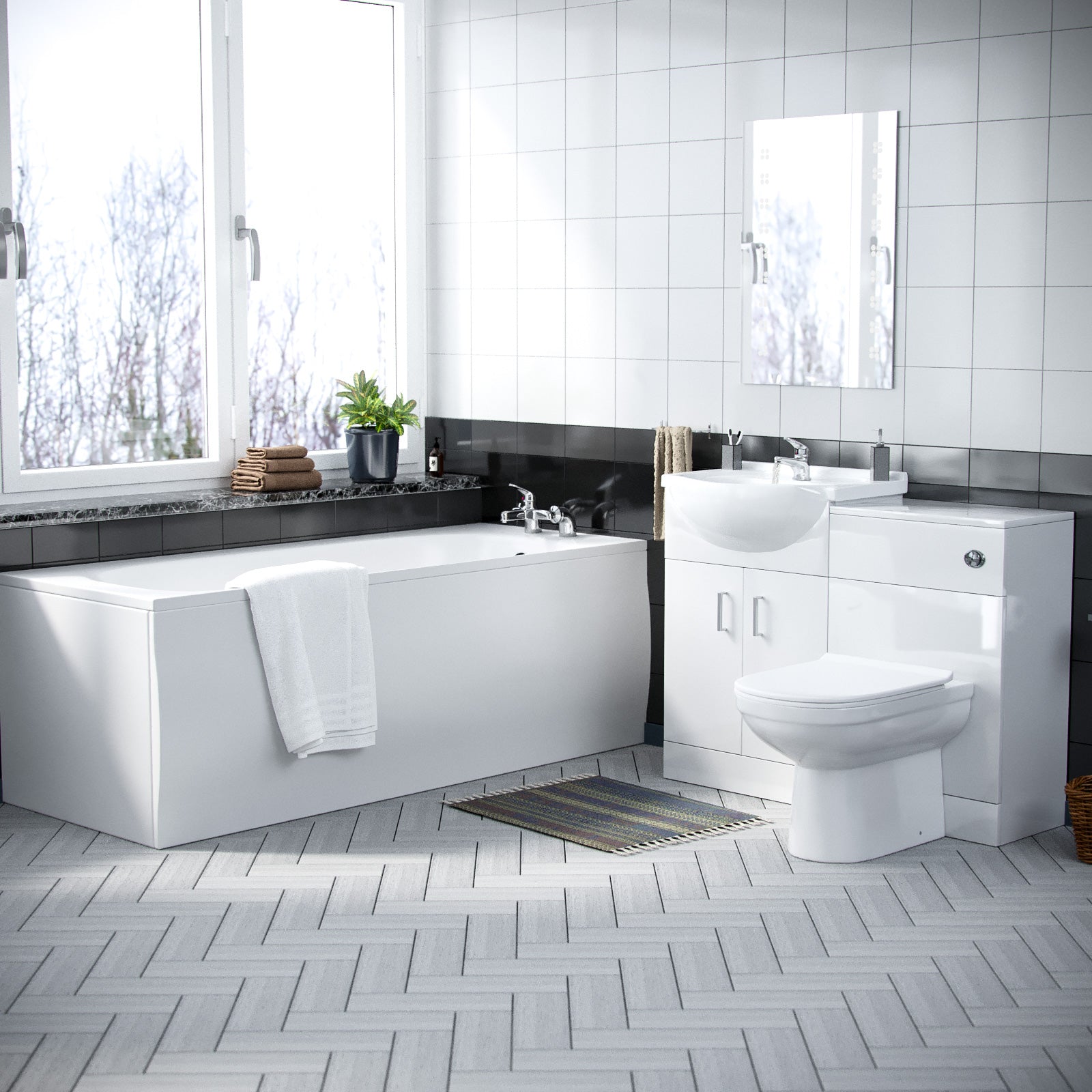 Ellen 3 Piece Bathroom Suite BTW Toilet Basin Vanity Unit and Bath Flat Pack
